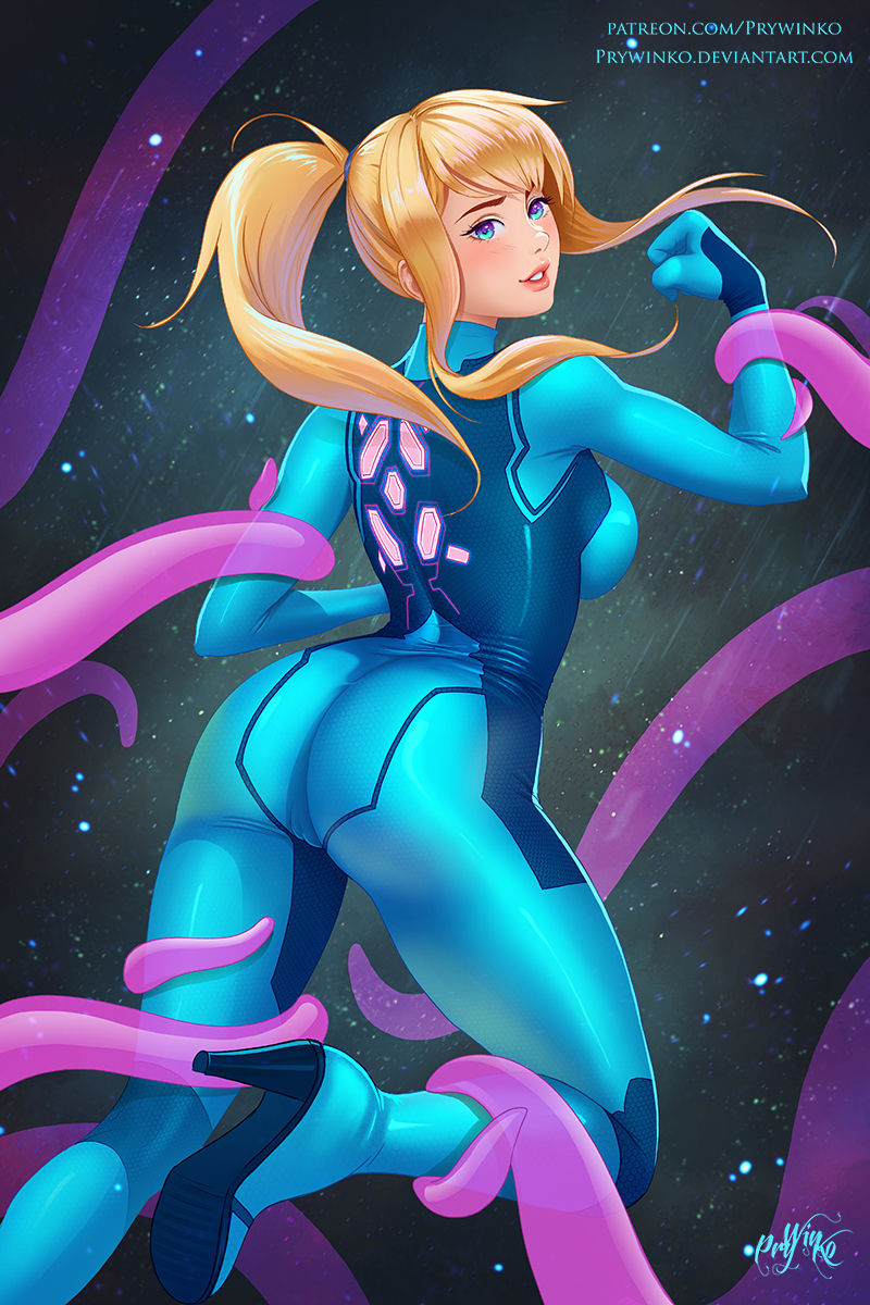 1girls, ass, blonde hair, bodysuit, cameltoe, female, female only, interspecies, metroid, nintendo, prywinko, pussy, samus aran, solo, tentacle, zero suit, zero suit samus