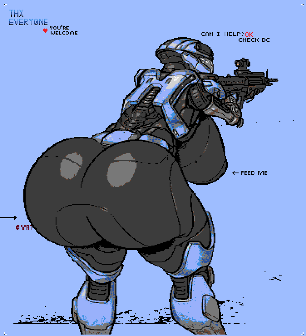 1girls, alternate breast size, armored female, artist request, breasts, breasts bigger than head, catherine-b320, female, female spartan (halo), firing gun, firing weapon, halo (series), halo reach, huge ass, huge breasts, huge nipples, human, kat-b320, large nipples, massive breasts, pixel art, prosthetic arm, prosthetic limb, shiny ass, shooting gun, spartan (halo), spartan iii (halo), thicc, thick ass, thick thighs, wide hips, wide load, wplace, wplace (artwork)