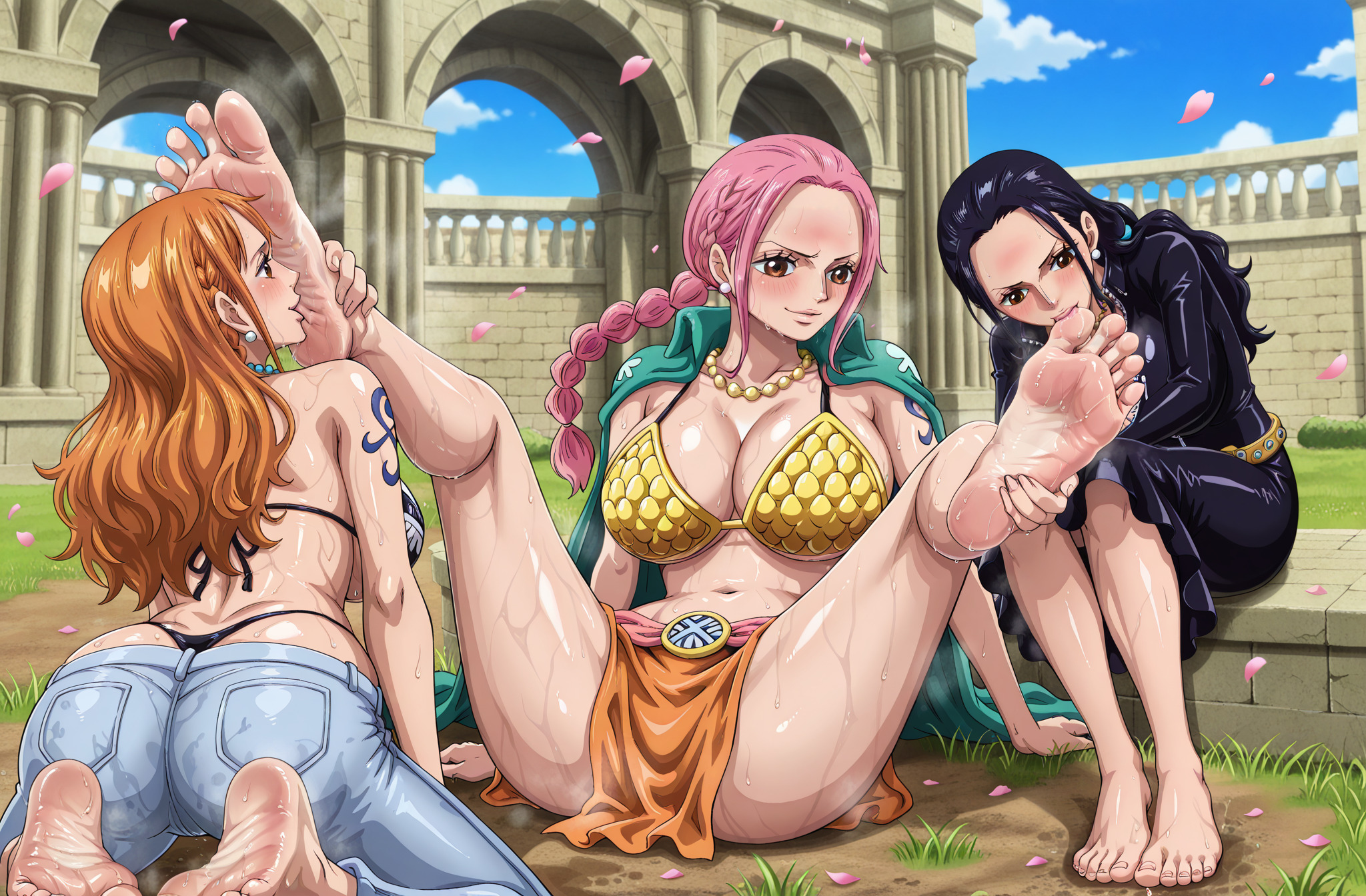 1girls, 3girls, ai generated, arm tattoo, barefoot, big breasts, black hair, black-haired female, blue tattoo, blush, breasts, ca1nhurst, clothing, feet, female, female only, foot fetish, foot focus, foot worship, full face blush, jeans, licking feet, nami (one piece), nico robin, one piece, orange hair, orange-haired female, pink hair, pink-haired female, rebecca (one piece), saliva, saliva on foot, size difference, soles, sweat, sweatdrop, sweaty feet, tatoo, tattoo, yuri