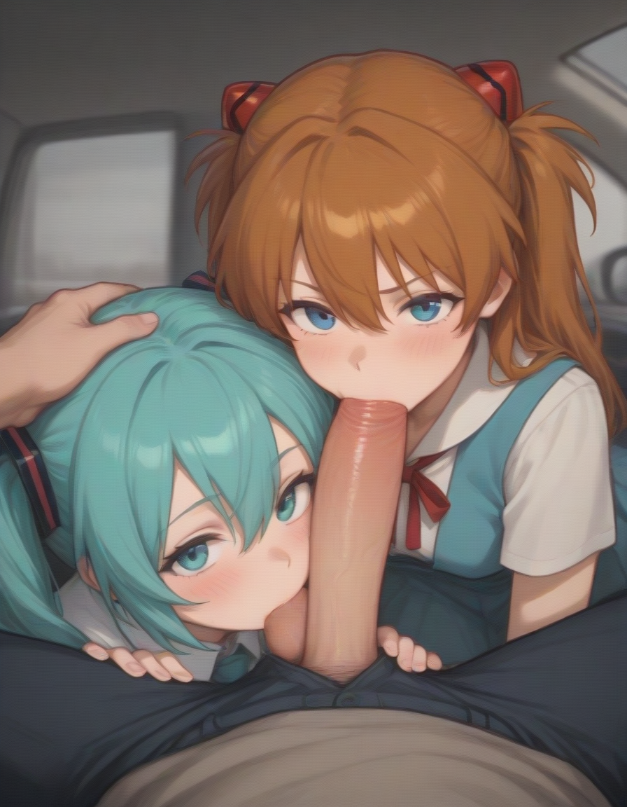 1boy 2girls ai_generated asuka_langley_sohryu blowjob blue_eyes clothed double_blowjob hatsune_miku light-skinned_female male_pov neon_genesis_evangelion pov pov_eye_contact straight vocaloid