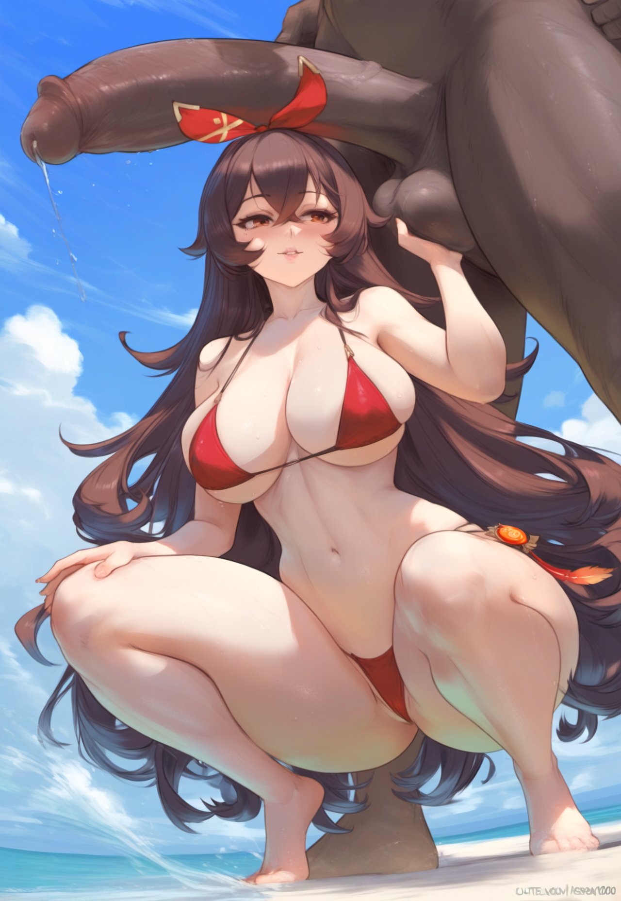 1boy 1girls 2boys ai_generated amber_(genshin_impact) bangs barefoot beach bikini bimbo bimbo_body blue_sky blush breasts brown_eyes brown_hair caressing_testicles cleavage clothing cloud crossed_bangs curvaceous curvaceous_female curvaceous_figure curvy curvy_figure dark-skinned_male dark_penis dark_skin day erection feet female female female_focus genshin_impact group_sex hair_between_eyes hair_ornament huge_cock hydrolis999 interracial large_breasts large_penis legs_apart legs_spread long_hair looking_at_viewer male micro_bikini mmf_threesome multiple_boys multiple_penises navel nipples nude ocean outdoors penis red_bikini red_swimsuit ribbon sitting sky smile solo_focus spread_legs squatting straight swimsuit testicles thighs threesome toes veins veiny_penis very_long_hair vision_(genshin_impact) voluptuous voluptuous_female water