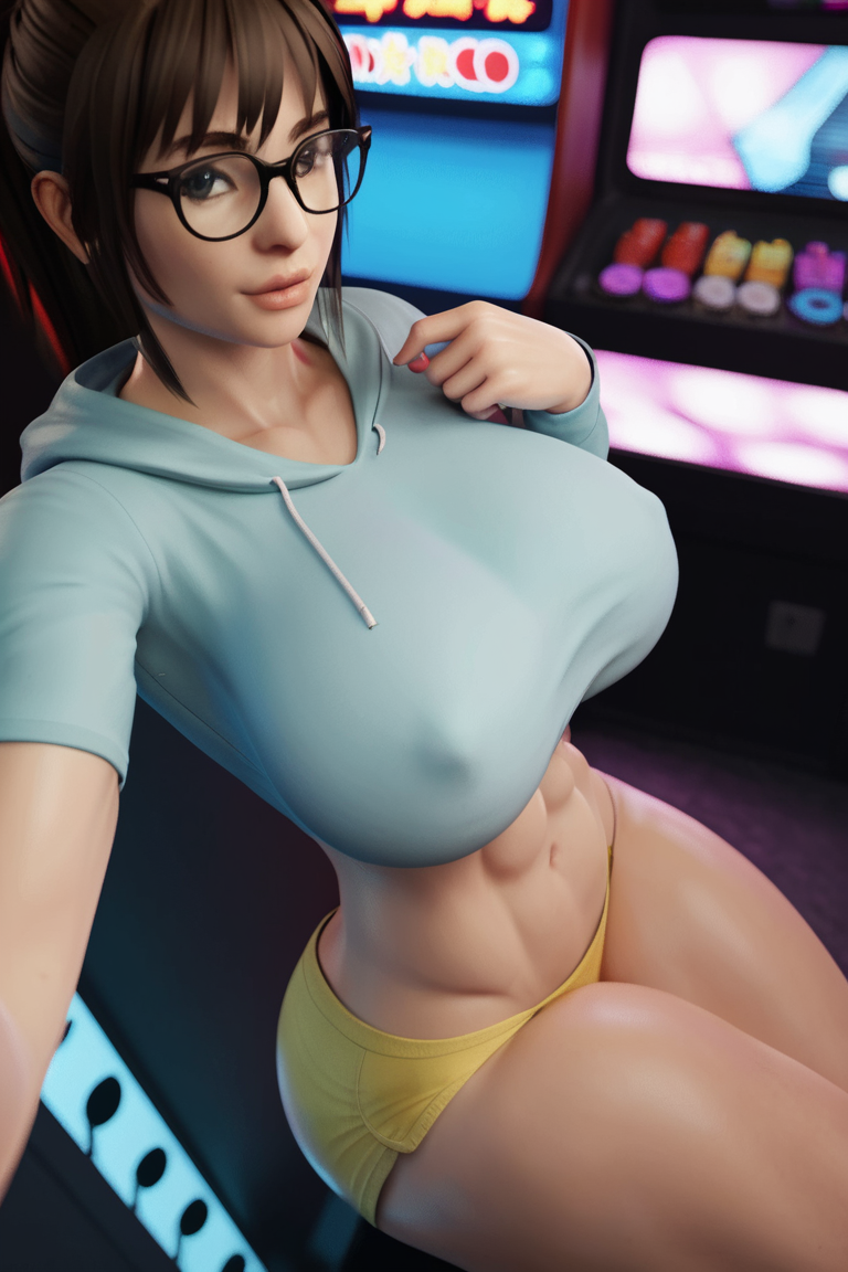 1girls 3d 3d_(artwork) ai_generated arcade bangs big_ass big_breasts brown_hair brown_hair glasses madz(oc) ponytail radnsad solo solo_female solo_focus thick_thighs