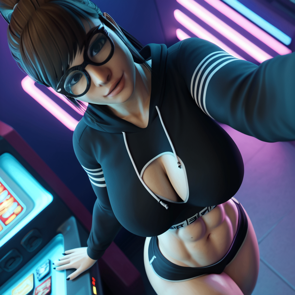 1girls 3d 3d_(artwork) abs ai_generated arcade bangs big_ass big_breasts brown_hair brown_hair glasses madz(oc) ponytail radnsad solo solo_female solo_focus thick_thighs