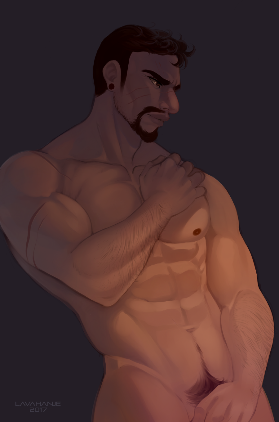 1boy 2017 abs bara blizzard_entertainment body_hair coppertonepretty covering_crotch earring goatee lavahanje male male_only muscular muscular_male naked nude overwatch overwatch_2 pubic_hair reaper scar short_hair solo solo_male