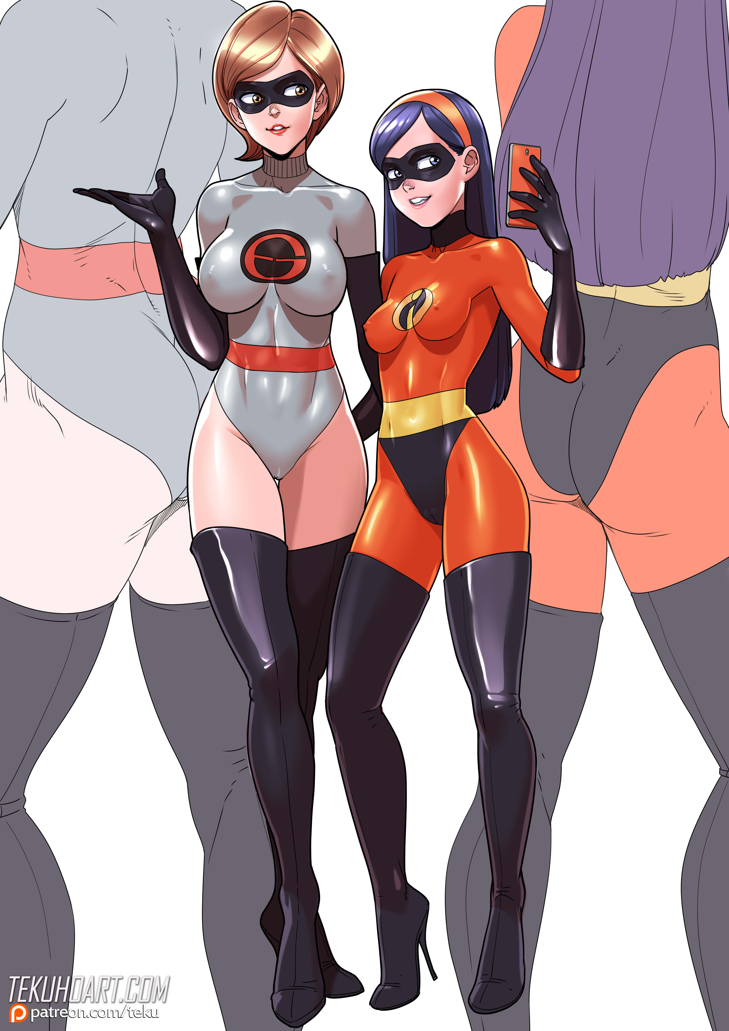 2girls, armwear, black hair, blue eyes, bodysuit, boots, brown eyes, brown hair, cameltoe, clothing, disney, elastigirl, elastigirl (the incredibles 2 supersuit), erect nipples, erect nipples under clothes, eyewear, female, female only, footwear, handwear, helen parr, high heels, legwear, leotard, long hair, mask, mother and daughter, multiple females, multiple girls, nipples, pixar, pussy, short hair, standing, stiletto heels, straight hair, tekuho, the incredibles, the incredibles 2, thigh boots, thigh gap, very high heels, violet parr, white background, zoom layer