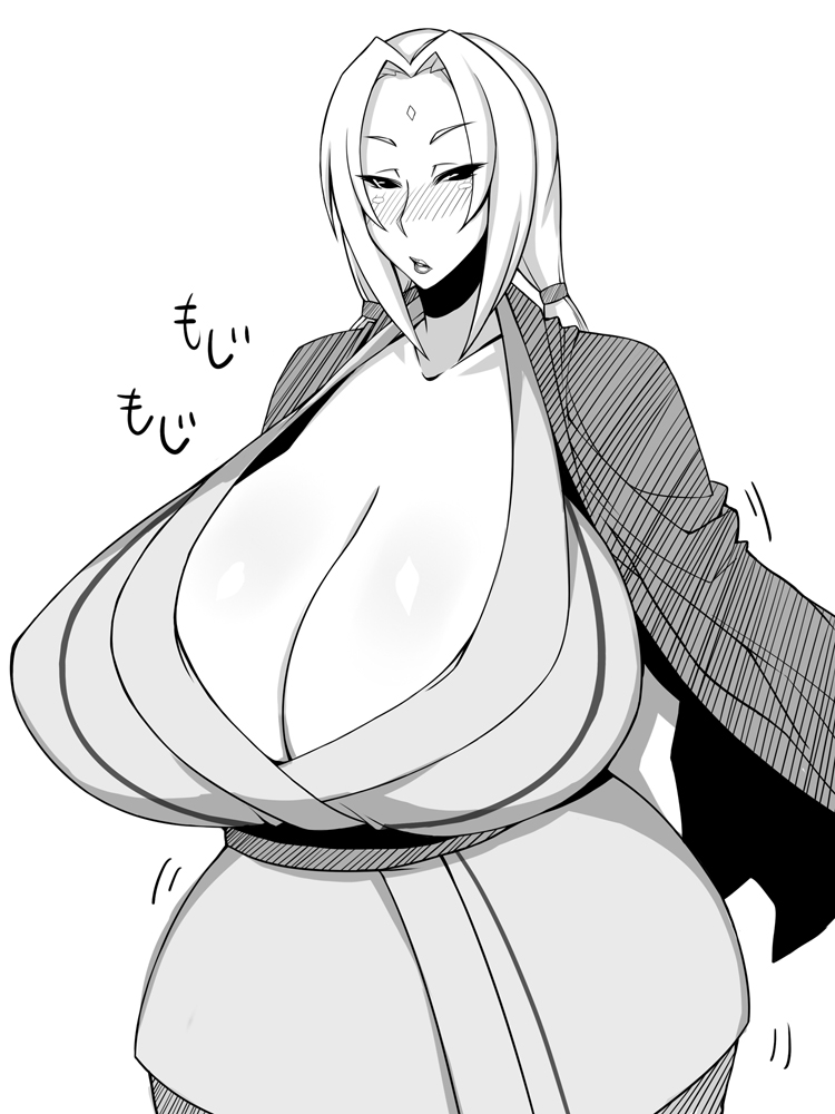 1girls, ass, breasts, cleavage, curvy, erect nipples, female, gigantic breasts, huge areolae, huge ass, monochrome, naruto, naruto (series), nipples, otogi tetsurou, puffy nipples, thick lips, tsunade, twintails, voluptuous, wide hips