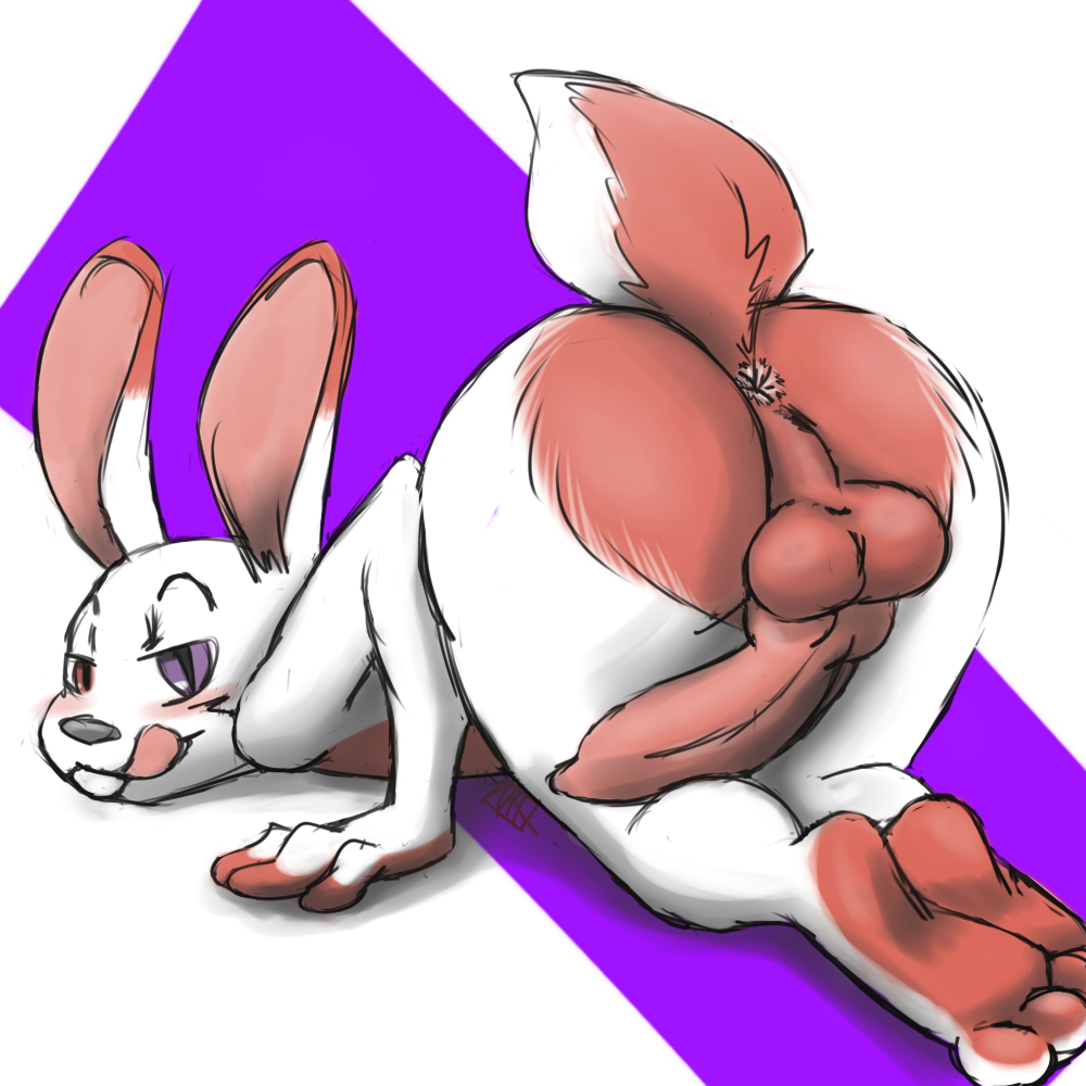 anus ass balls bent_over blush cute girly hair heterochromia kneeling lagomorph male mammal notactuallyhere paws penis presenting presenting_hindquarters purple_eyes rabbit red_eyes smile solo tongue trap_(disambiguation)