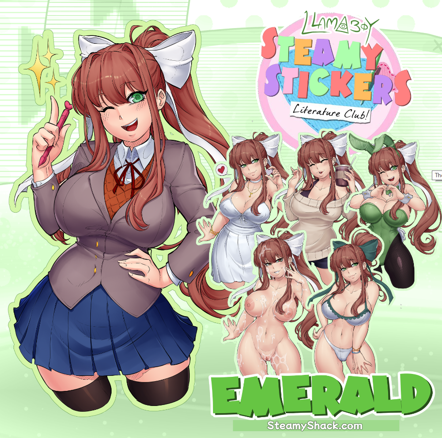 big_breasts blue_skirt breasts doki_doki_literature_club green_eyes llamaboy long_hair monika_(doki_doki_literature_club) skirt steamy_shack