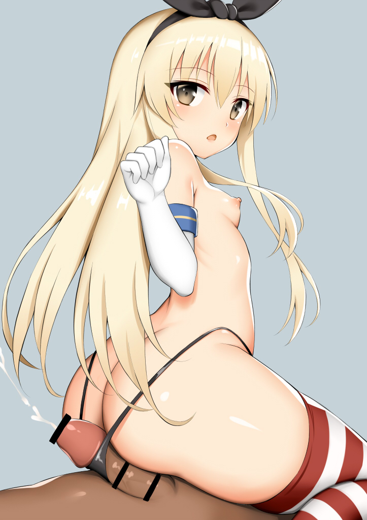 1boy ass black_panties blonde_hair blush breasts cowgirl_position cum dark-skinned_male ejaculation elbow_gloves eyebrows_visible_through_hair female gloves hair_between_eyes hairband interracial kantai_collection long_hair looking_at_viewer looking_back lying nipples on_back open_mouth panties panty_pull pawg red_legwear reverse_cowgirl_position shimakaze_(kantai_collection) shiny shiny_skin small_breasts solo_focus straddling striped striped_legwear thighs toshishikisai underwear white_gloves white_legwear