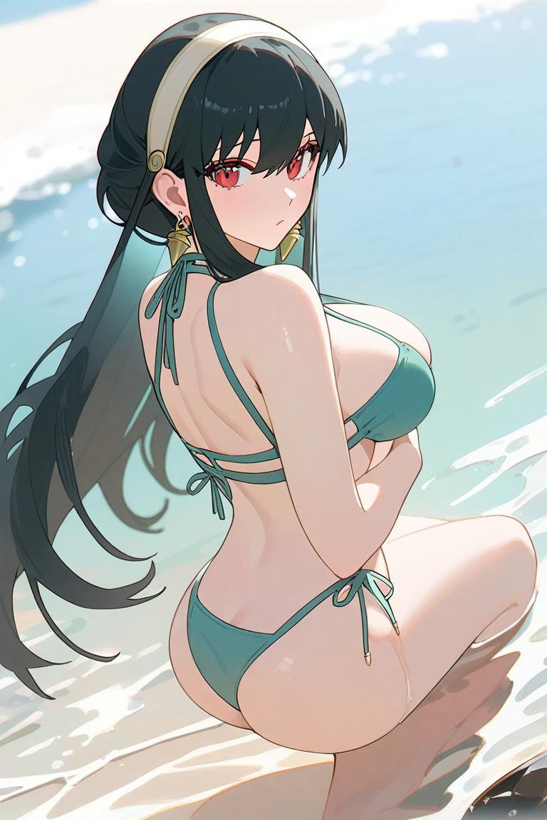 ai_generated beach big_ass big_breasts bikini black_hair blue_bikini earrings fit_female in_water looking_at_viewer red_eyes sea tagme yor_briar yor_forger