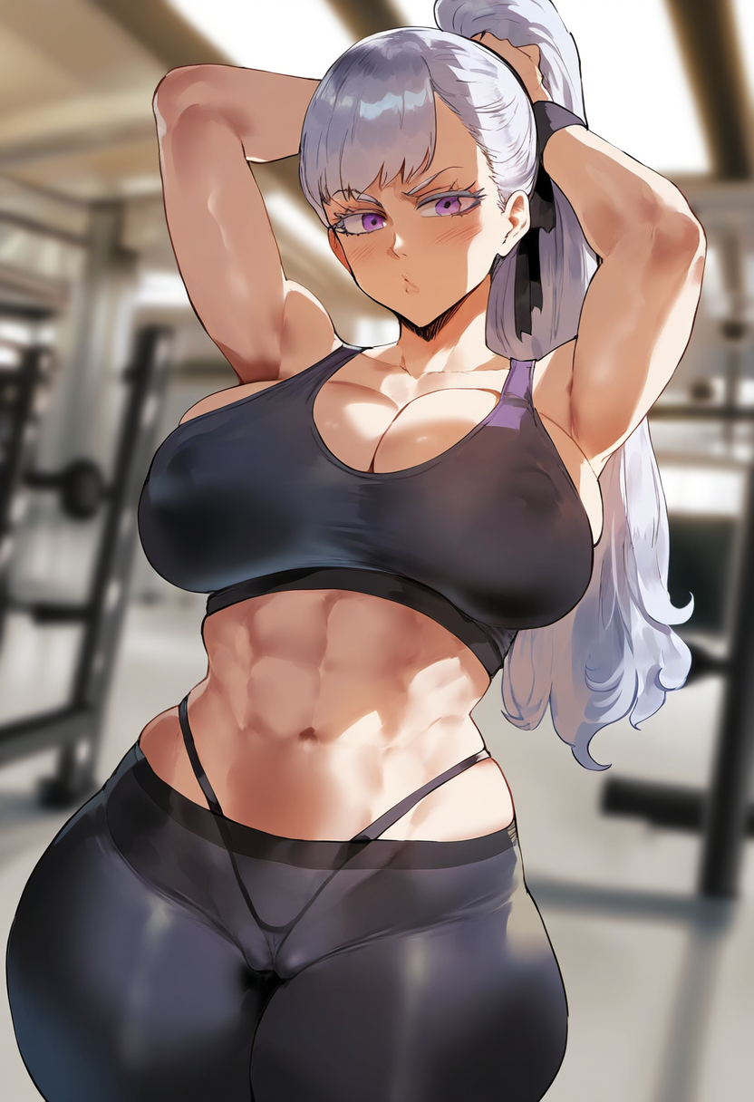 ai_generated black_clover breasts breasts breasts eye_contact female female female_focus female_only full_body fully_clothed gym gym_clothes gym_clothing gym_shirt gym_uniform long_hair meiogun nipples_visible_through_clothing noelle_silva pov purple_eyes silver_hair sports_bra sports_uniform thong thong_panties