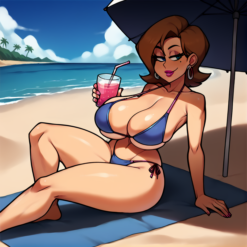 ai_generated beach bikini brown_hair cleavage drink earrings holding_object huge_breasts lipstick mature mature_female mole nickelodeon nicktoons sitting stable_diffusion the_fairly_oddparents thick_thighs thighs timmy's_mom umbrella