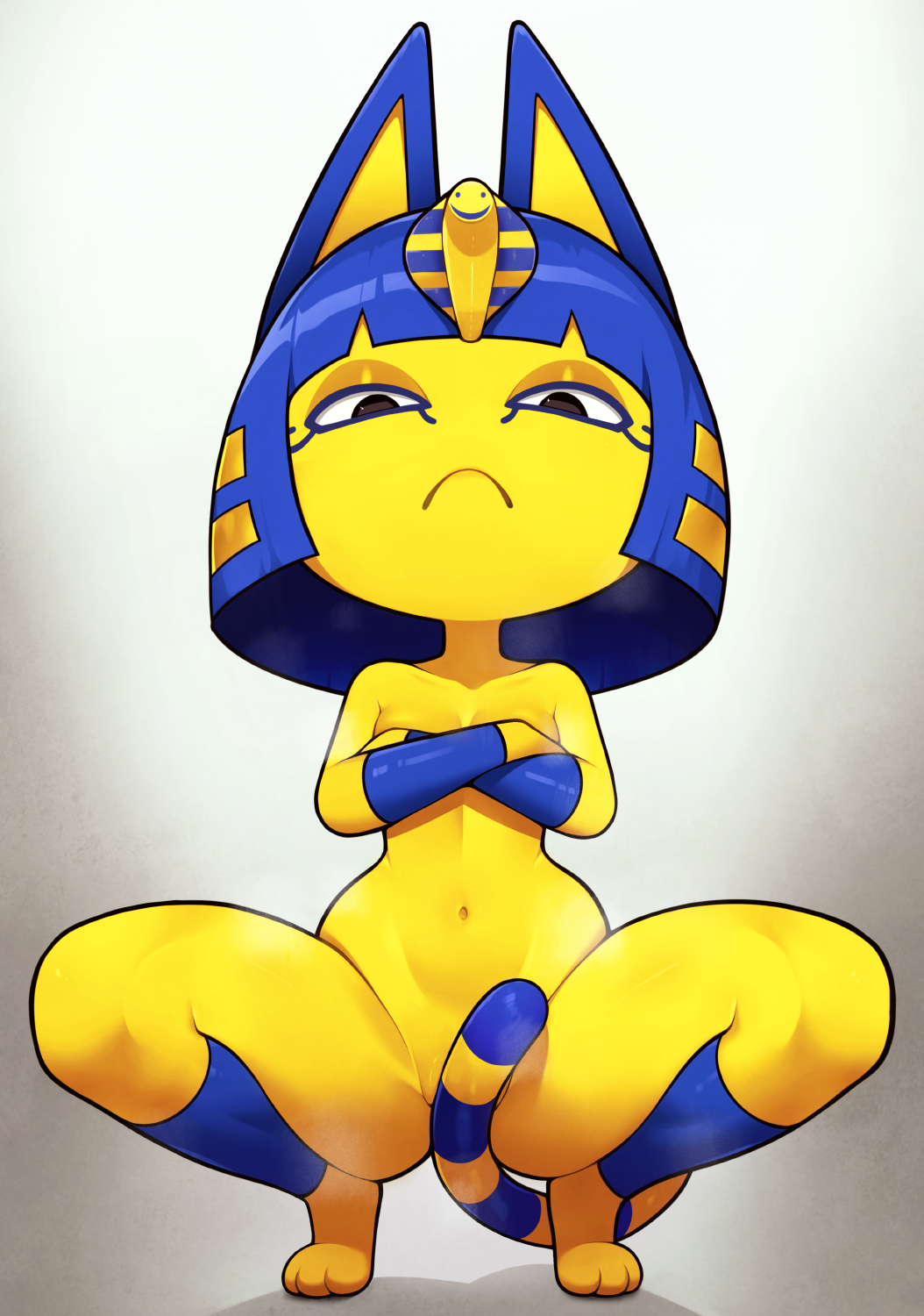 animal_crossing ankha_(animal_crossing) anthro biped blue_hair breasts convenient_censorship covering covering_breasts covering_crotch covering_self crouching domestic_cat felid feline felis female hair hi_res loodncrood looking_at_viewer mammal multicolored_body nintendo nude pupils solo tail tail_censorship thick_thighs yellow_body