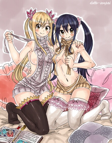 2girls, anticipation, blonde hair, blonde-haired female, blue hair, blue-haired female, breasts, fairy tail, female, female only, lucy heartfilia, reverse virgin killer sweater, virgin killer sweater, wendy marvell