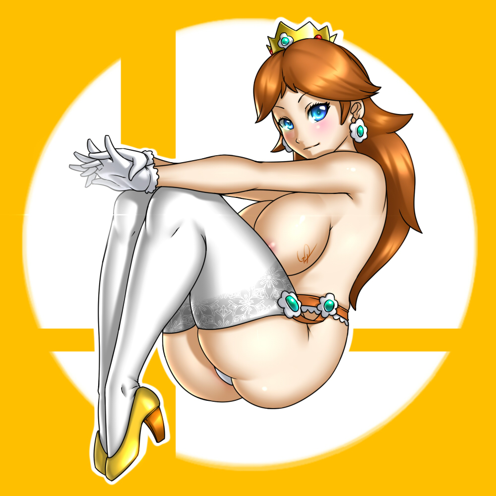 1girls areola arms_out ass blue_eyes blush breasts brown_hair crown earrings female female_only full_body garter_belt gloves gold_heels high_heels inkling_ghaul large_breasts legs legs_together light_smile long_hair looking_at_viewer mario_(series) mostly_nude panties princess_daisy simple_background smile solo stockings super_smash_bros. thighhighs thighs underwear white_gloves white_legwear white_panties yellow_background yellow_high_heels