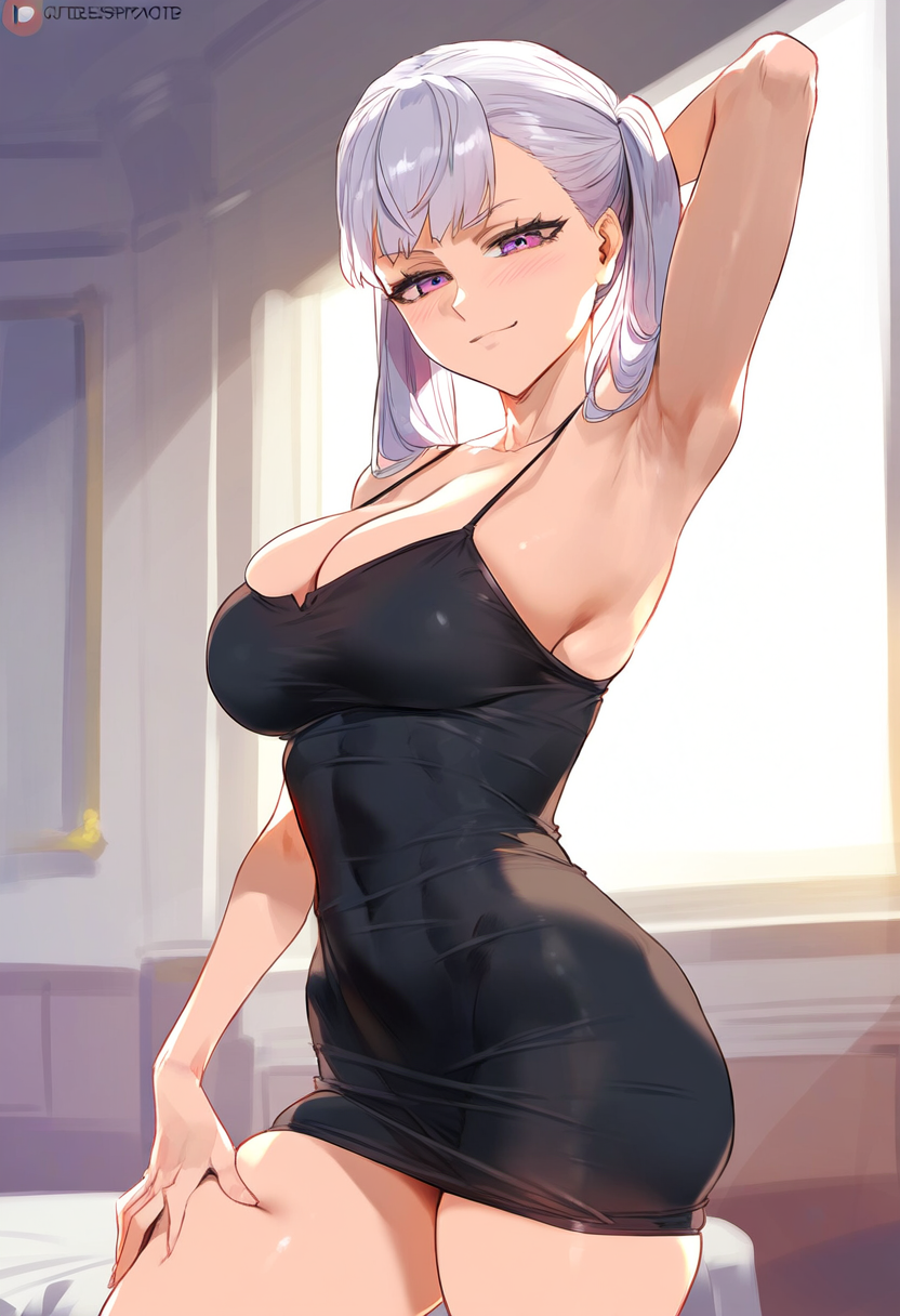 1girls ai_generated big_breasts black_clover blush breasts curvy dress female female_only geosan hair hi_res large_breasts looking_at_viewer noelle_silva purple_eyes royalty silver_hair skimpy smile solo thick_thighs thighs twintails twintails_(hairstyle)