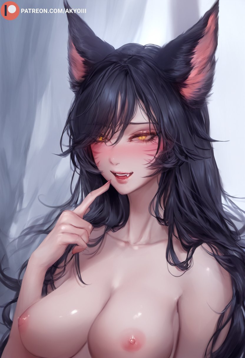 1girls ai_generated akyoi animal_ears ass bedroom big_breasts black_hair blush breasts completely_nude facial_mark fangs female fox_ears fox_girl league_of_legends light-skinned_female light_skin long_hair looking_at_viewer patreon smile solo solo_female tongue tongue_out very_long_hair whisker_markings yellow_eyes