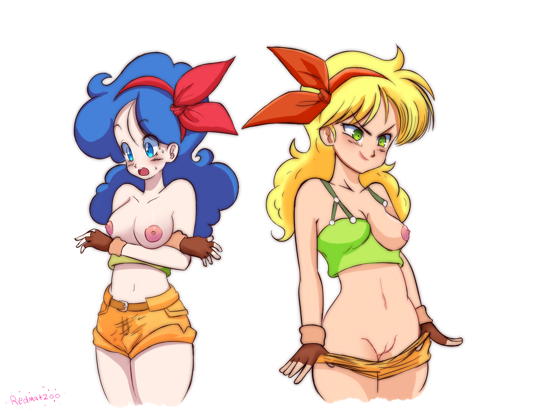 2girls, bad launch, big areola, big breasts, blonde female, breasts, dragon ball, dual persona, erect nipples, female, good launch, launch, lunch (dragon ball), multiple females, multiple girls, nipples, redmatzoo, wide hips