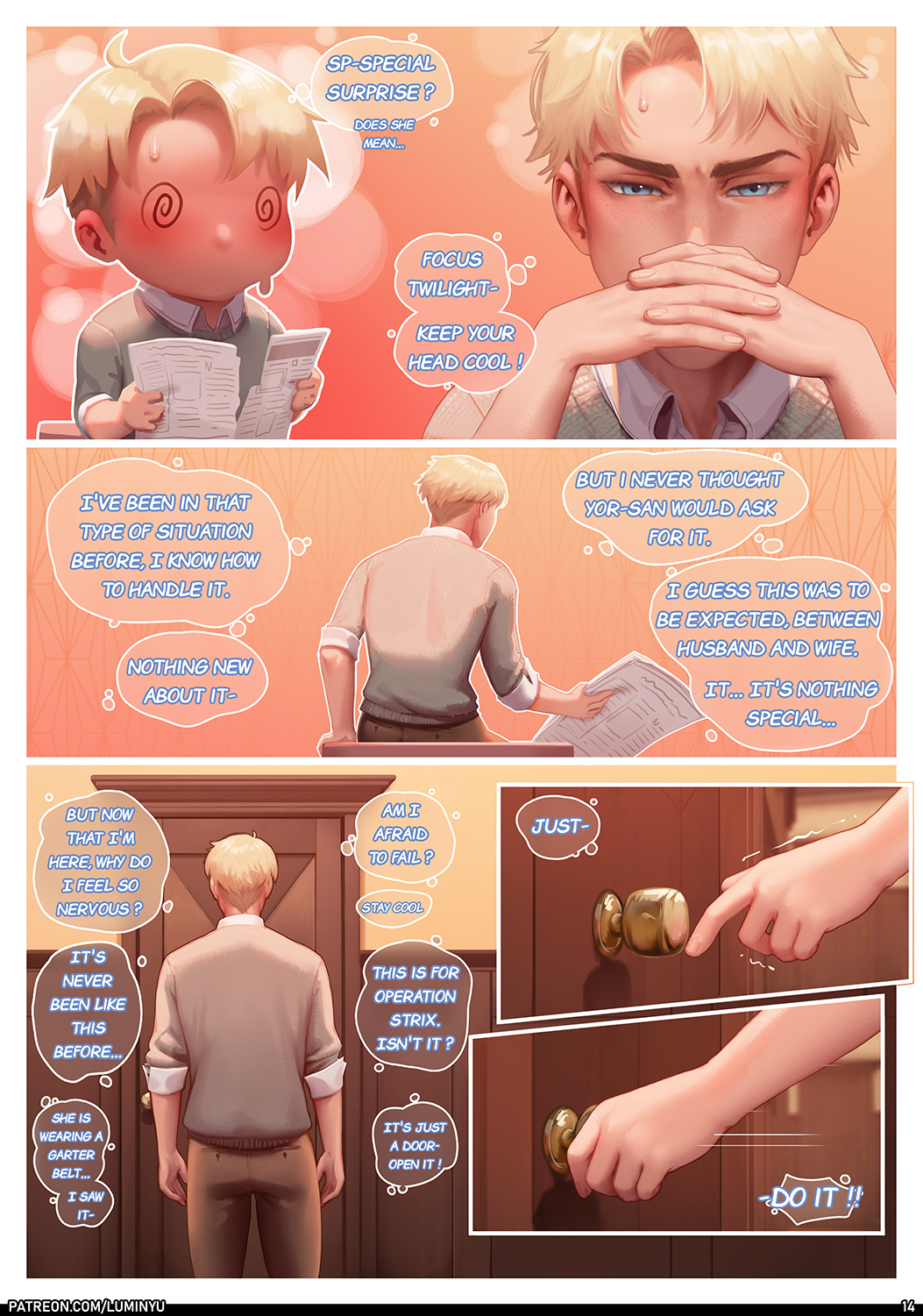 1boy 2024 blonde_hair comic comic_page comic_panel cute english english_text loid_forger luminyu male male_only page_14 page_number spy_x_family thought_bubble