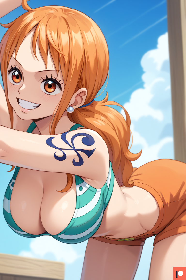 ai_generated arched_back big_breasts clothed clothing earrings female female_focus female_only happy nami no_sex omega_weirdo one_piece orange_eyes orange_hair outside pants patreon ponytail seductive seductive_pose smile stretching tattoo