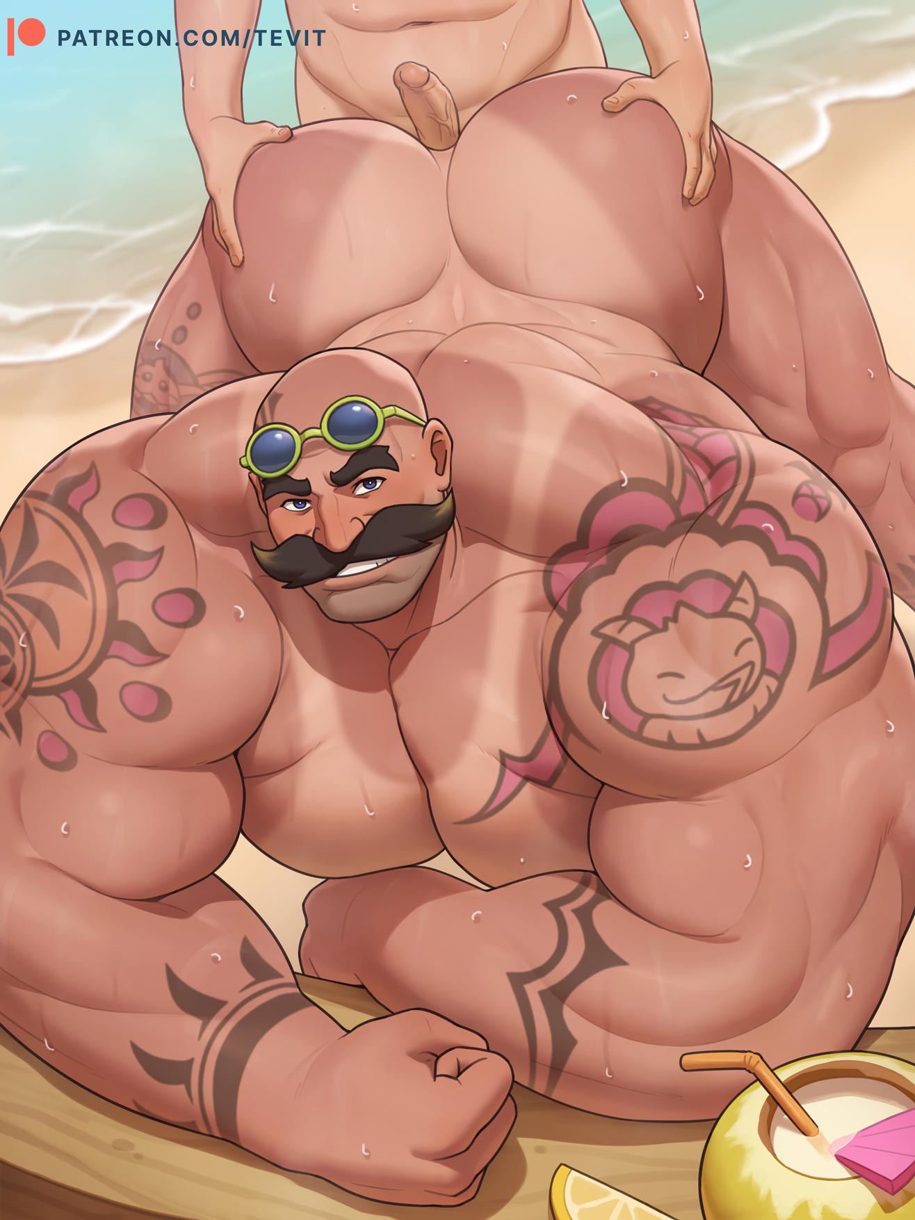 2boys arm_tattoo ass bald bara beard_stubble braum_(league_of_legends) drink erection eyewear_on_head facial_hair food fruit gay highres imminent_anal imminent_penetration jewelry large_pectorals league_of_legends lemon lemon_slice looking_at_viewer male_focus moustache multiple_boys muscular muscular_male necklace official_alternate_costume paid_reward_available pectorals penis pool_party_braum smile solo stubble sunglasses tattoo tevit_(tevit15) yaoi