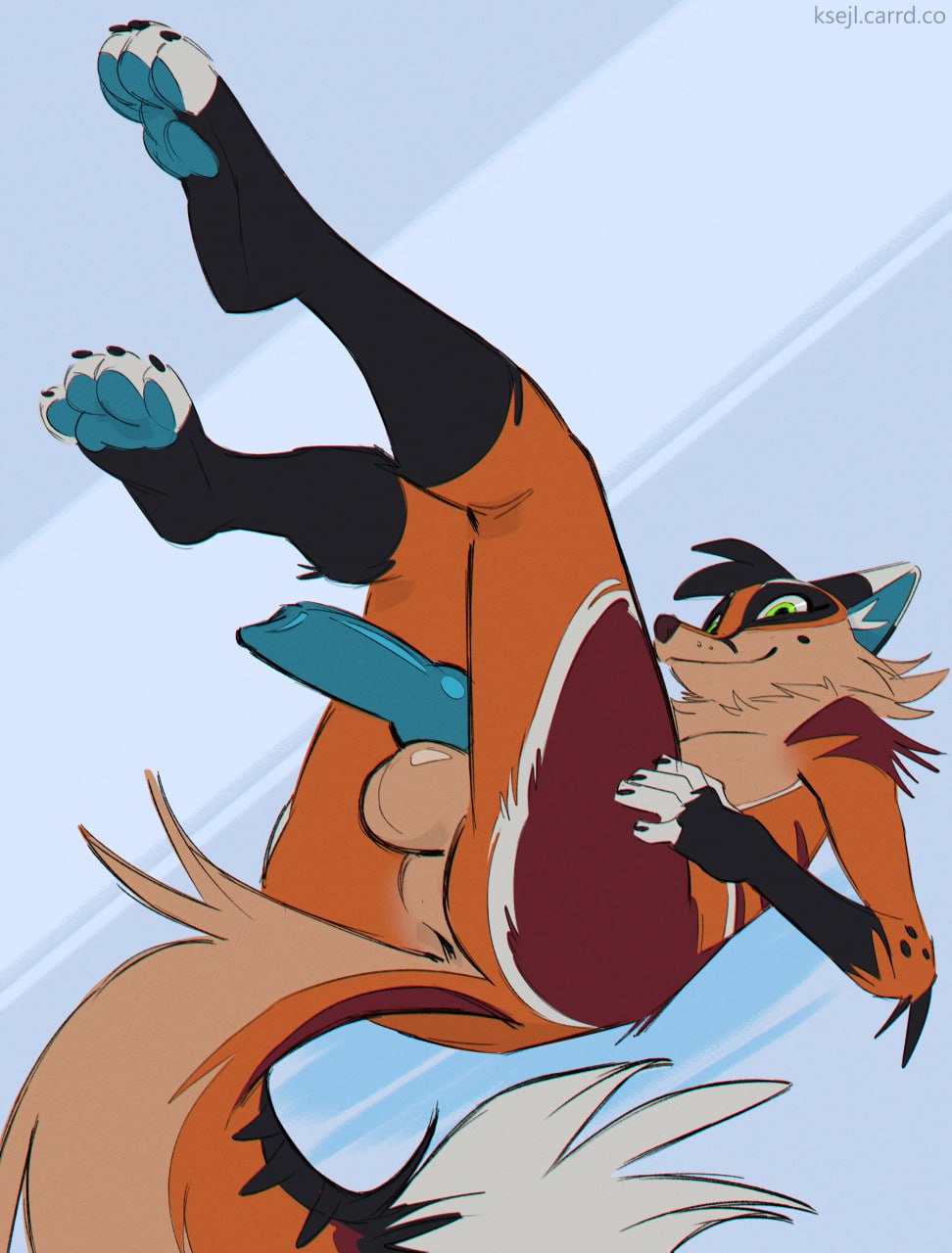 anthro archie_(thearchiefox) balls better_version_at_source canid canine erection fluffy fluffy_tail fox genitals hi_res ksejl legs_up looking_at_viewer male mammal pawpads penis smile solo tail