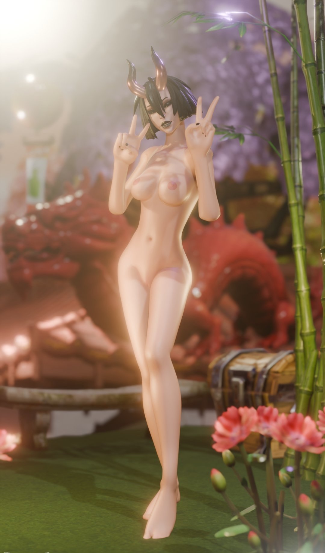 black_eyes black_hair breasts breasts_out female female_focus female_only female_pose horns night_rose nude pale-skinned pale_skin seductive