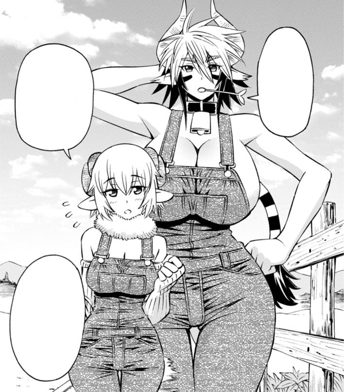 2girls animal_ears animal_humanoid bangs bare_arms bare_shoulders black_and_white blush bovid bovid_horn bovid_humanoid bovine bovine_ears bovine_humanoid bovine_tail breasts cathyl_(monster_musume) cleavage cleavage_window clothed_female clothing convenient_censoring demihuman dialogue_bubble different_breast_sizes different_species empty_speech_bubble farm farm_girl farmgirl holstaurus huge_breasts large_breasts larger_female mammal mammal_breasts mammal_humanoid manga manga_page medium_breasts merino_(monster_musume) merino_sheep minotaur monochrome monster monster_girl monster_musume_no_iru_nichijou no_bra no_top official_art okayado overalls sheep sheep_horns sleaves small_female smaller_female tagme tall_female tall_girl taller_female tomboy topless topless_female topless_tomboy