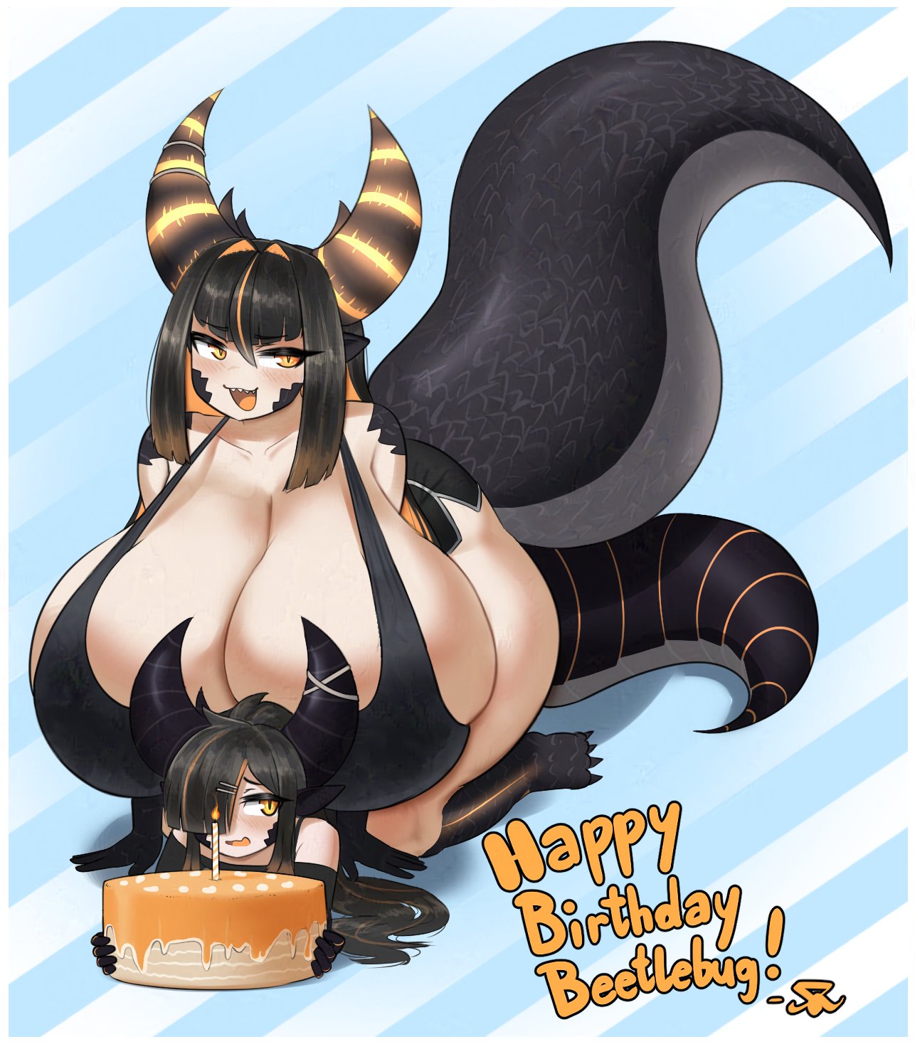 2girls all_fours bare_shoulders big_breasts big_thighs big_tits bigger_female birthday birthday_cake black_and_orange_hair black_hair black_tail borrowed_character breasts_bigger_than_head busty busty_female cake candle clavicle clawed_feet collarbone dragon_girl dragon_horns dragon_humanoid dragon_tail duo duo_female duo_focus enormous_breasts enormous_thighs eyebrows_visible_through_hair fanart female_on_top front_heavy_breasts gigantic_breasts gigantic_thighs hair_between_eyes hair_over_one_eye happy_birthday heavy_breasts hime_cut huge_breasts huge_thighs huge_tits humongous_breasts kalmoire large_breasts large_thighs large_tits light-skinned_female light_skin massive_breasts massive_thighs massive_tits meaty_thighs on_all_fours open_mouth open_smile original_character overflowing_breasts pointy_ears reptile_tail sassy sharp_teeth skindentation skull_crushing_thighs slight_blush slit_pupils smaller_female smooth_skin tail tank_top text thick_thighs thunder_thighs two_tone_hair uncontainable_breasts watermark yellow_eyes