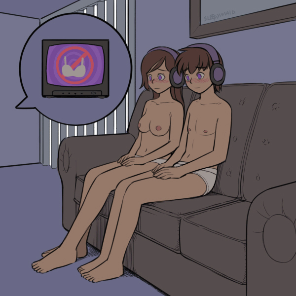 1boy, 1girls, blush, breasts, brown hair, clothing, duo, embarrassed, female, femsub, headphones, hypnosis, long hair, male, male and female subs, malesub, mind control, multiple subs, nipples, nude, panties, sleepymaid, topless, underwear, undressing, wide eyed