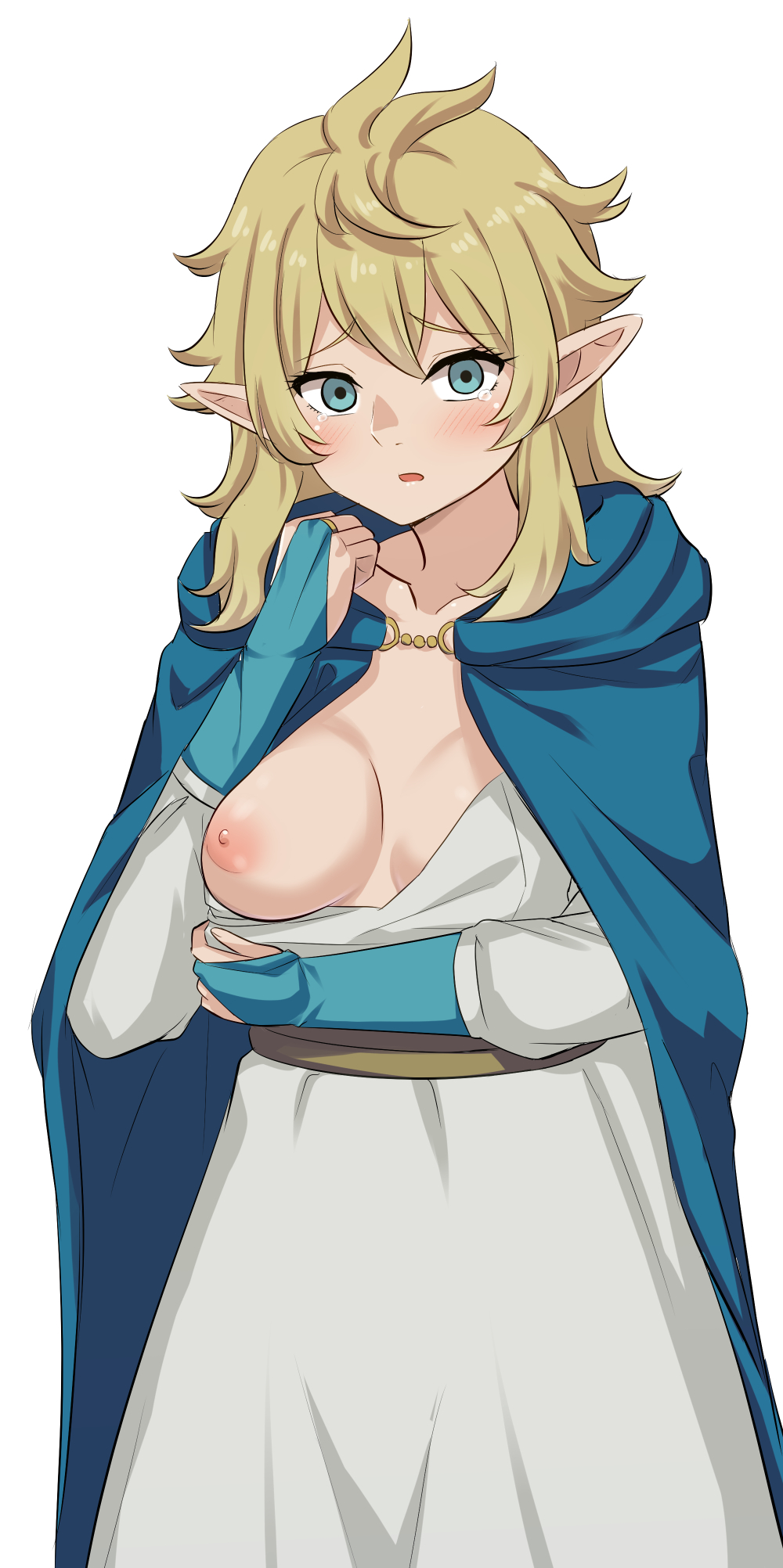 1girls arm_under_breasts blonde_hair blue_cape blue_eyes blue_gloves blush breasts cape clothes_pull collarbone cowboy_shot crying crying_with_eyes_open delicious_in_dungeon dress dress_pull dungeon_meshi elbow_gloves elf embarrassed eyebrows eyelashes female_focus fingerless_gloves fionil gloves grey_dress hand_up highres hood hood_down hooded_cape long_hair long_sleeves looking_at_viewer medium_breasts nipples one_breast_out open_mouth pointy_ears pov pulling_own_clothes scared shipua_(the_worst_night_ever) simple_background solo standing strapless strapless_dress tears wavy_hair white_background