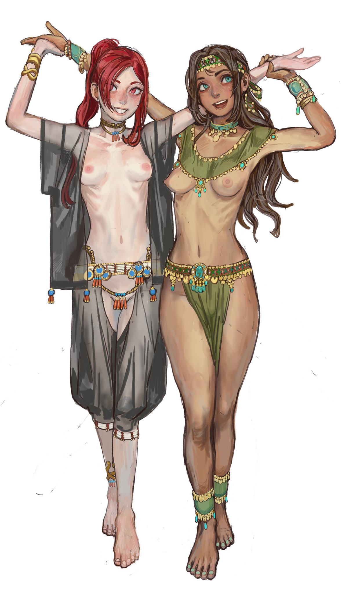 2girls arms_up full_body mossa pose red_hair small_breasts standing topless white_hair