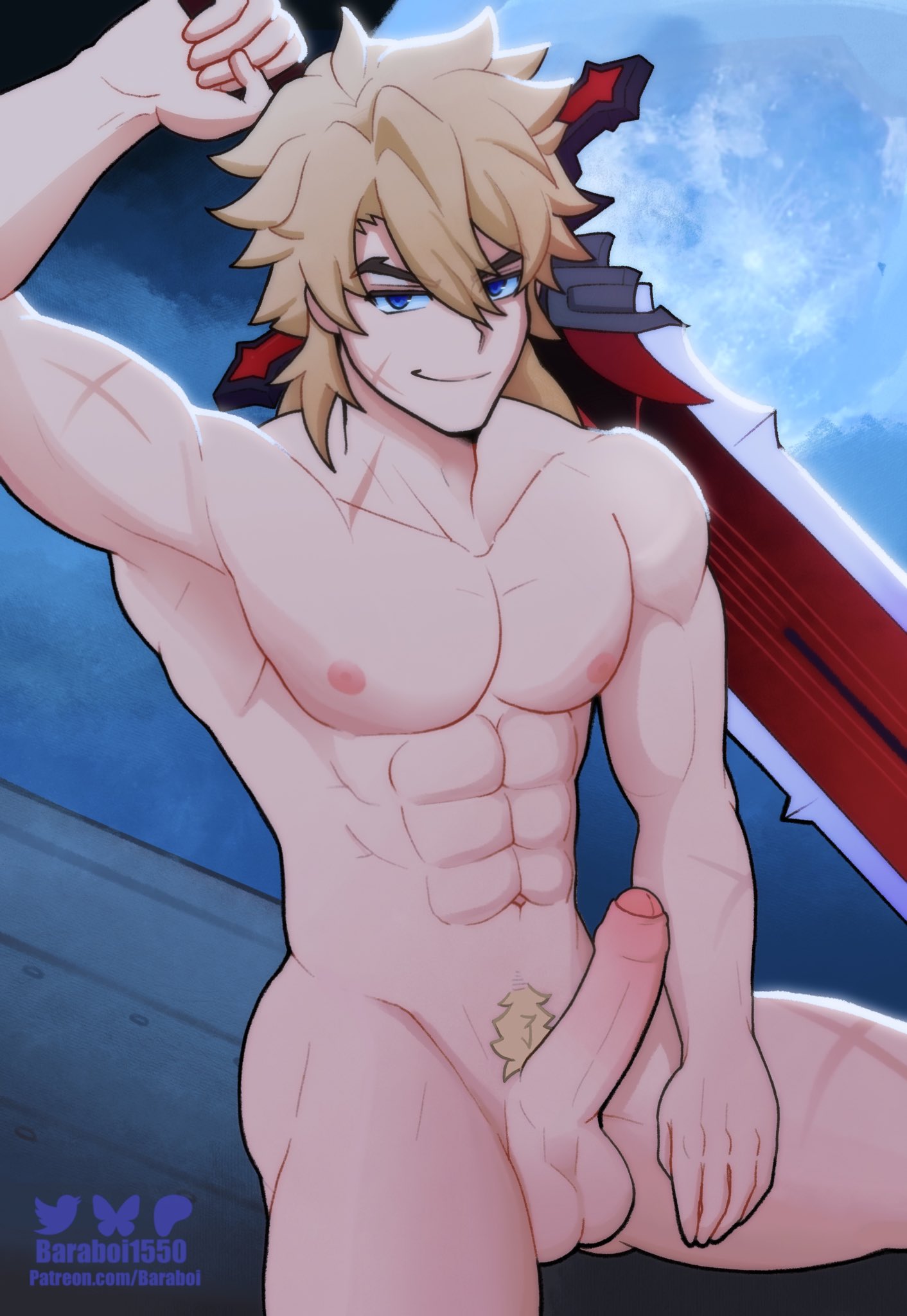 1boy, abs, balls, baraboi, erect penis, erection, foreskin, genshin impact, male, male only, muscular, muscular male, nipples, pecs, penis, pubic hair, scars, sitting, solo, solo male, sword, uncircumcised, uncut, unretracted foreskin, varka (genshin impact)