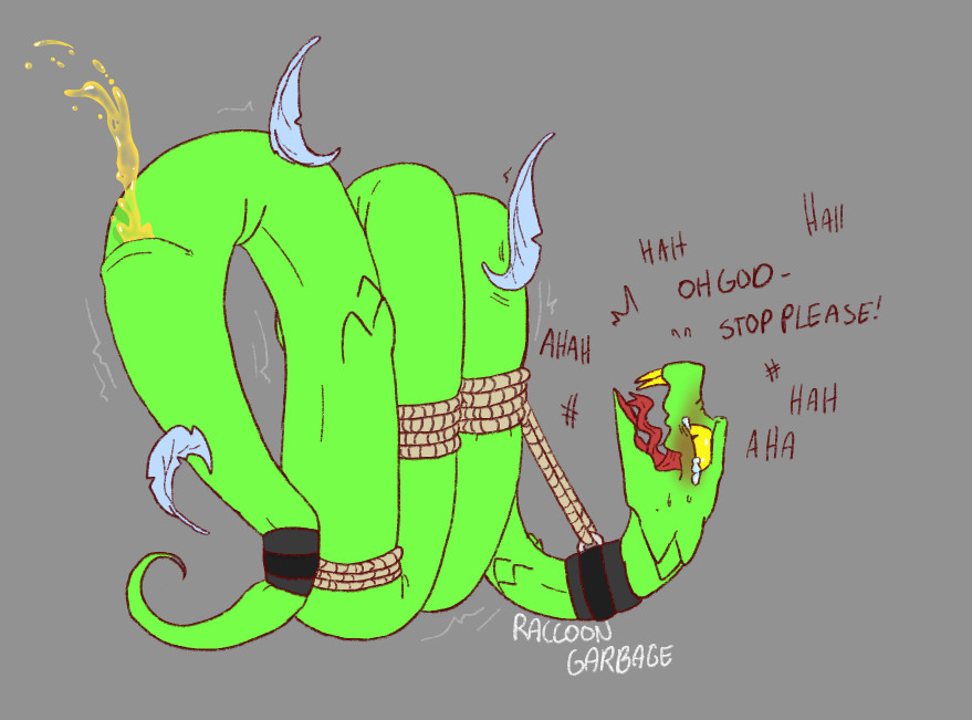 begging_to_stop bondage cloaca laughing oc omorashi original_character peeing_self raccoongarbage serpent slit snake squirt tickle_torture tickling tied_up urine watersports