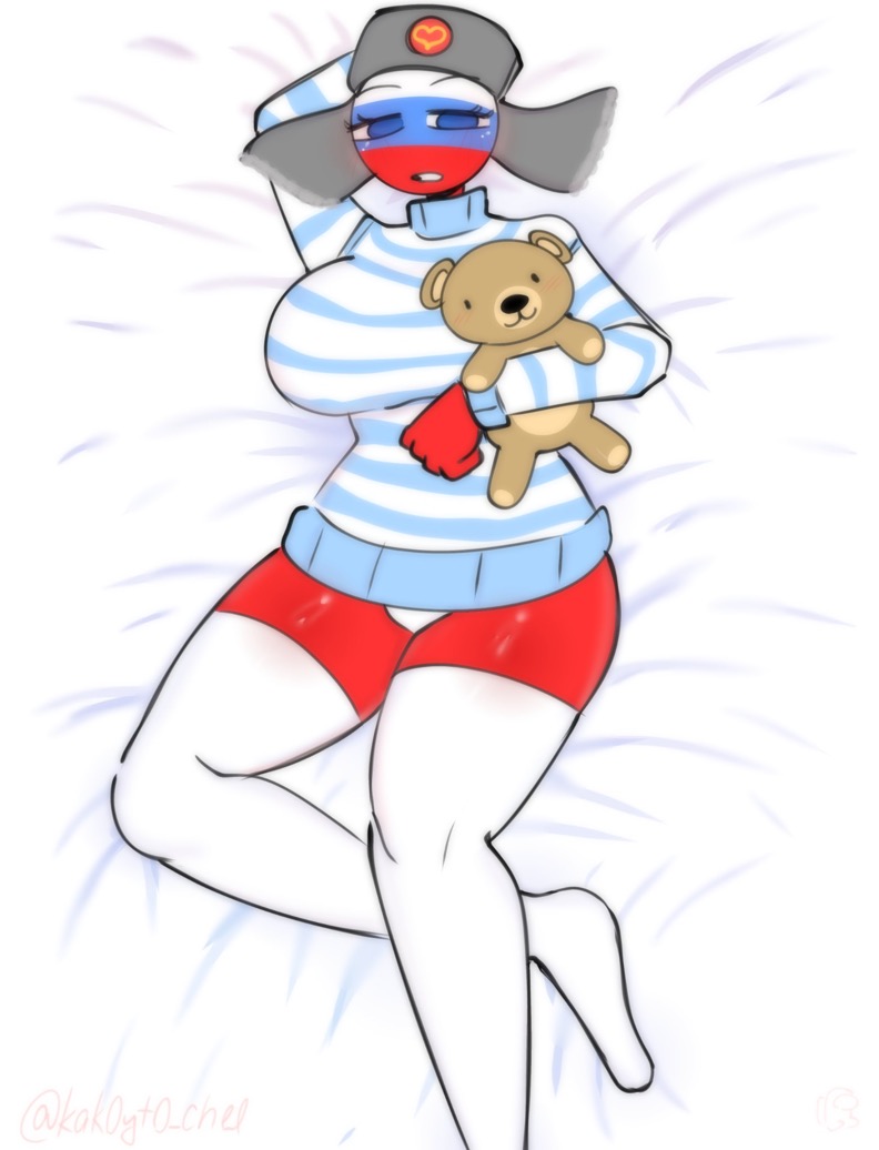 1girl 1girls 1woman big_breasts body_pillow_design countryhumans countryhumans_girl kak0yt0_chel no_pants russia_(countryhumans) striped_sweater tagme teddy_bear ushanka watermark white_panties white_stockings