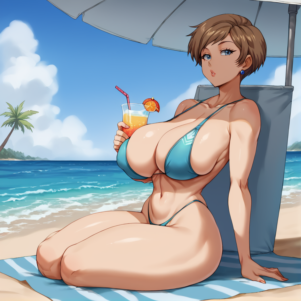 ai_generated beach bikini blue_eyes brown_hair drink holding_object huge_breasts short_hair sitting stable_diffusion thick_thighs umbrella