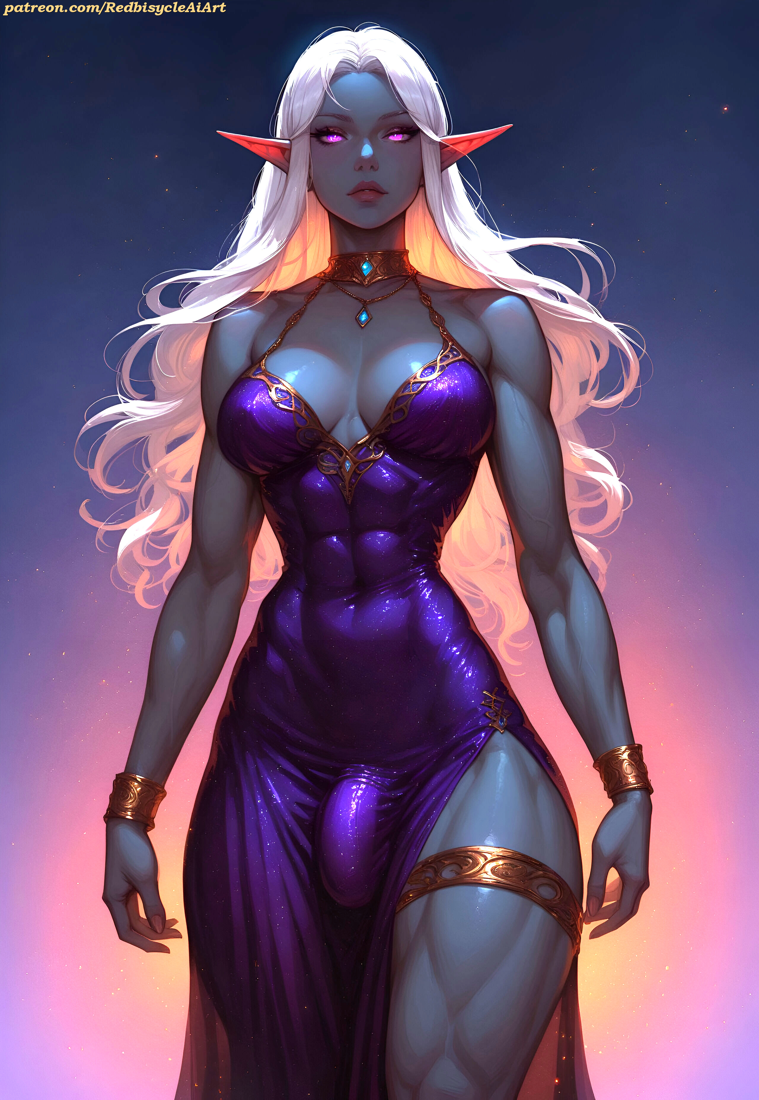 1futa, abs, ai generated, athletic, athletic futa, balls, belly button, boobs, bracelet, breasts, bulge, bulge through clothing, bulge under clothes, choker, cleavage, dark elf, dark skin, dickgirl, dress, elf, elf ears, fit, fit futa, futa focus, futa only, futanari, grey body, grey skin, intersex, jewelry, long hair, looking at viewer, muscular, muscular thighs, navel, navel visible through clothes, necklace, oc, penis, penis bulge, purple dress, purple eyes, redbisycle, thick thighs, thigh ring, thigh strap, toned arms, toned belly, toned body, toned futa, toned legs, toned stomach, white hair, world of warcraft