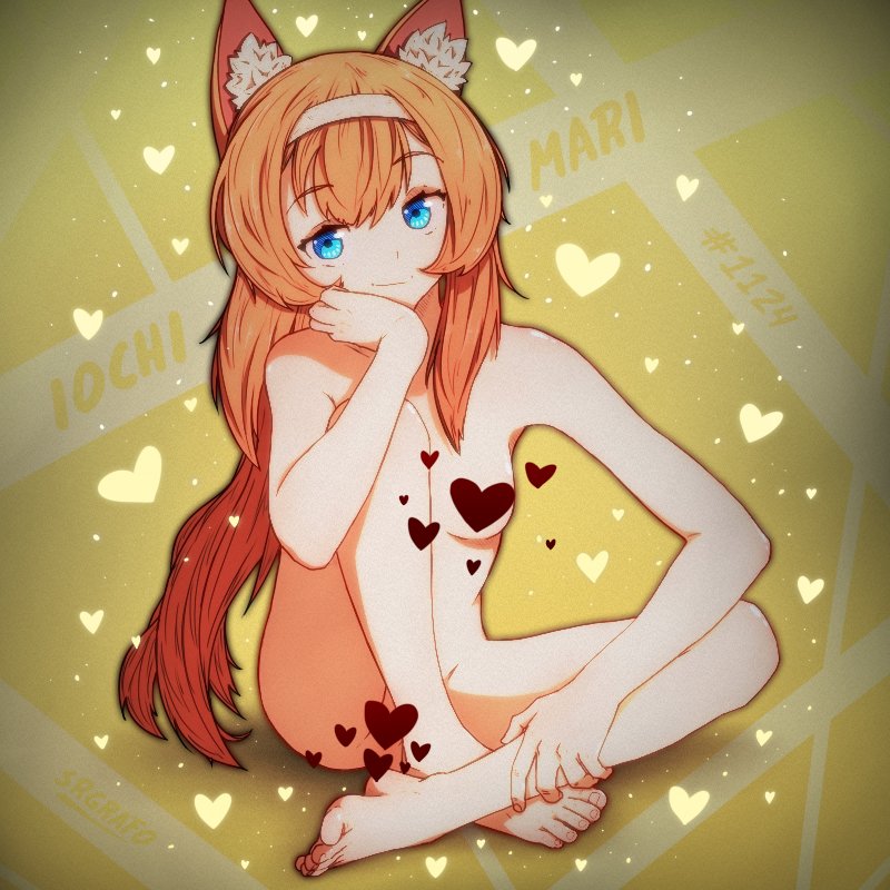 animal_ear_fluff animal_ears artist_name barefoot blue_archive blue_eyes breasts cat_ears cat_girl censored character_name completely_nude crossed_ankles feet female fingernails full_body hairband head_rest heart heart_censor long_hair looking_at_viewer mari_(blue_archive) nude orange_hair sitting small_breasts smile solo srgrafo toenails very_long_hair white_hairband yellow_background