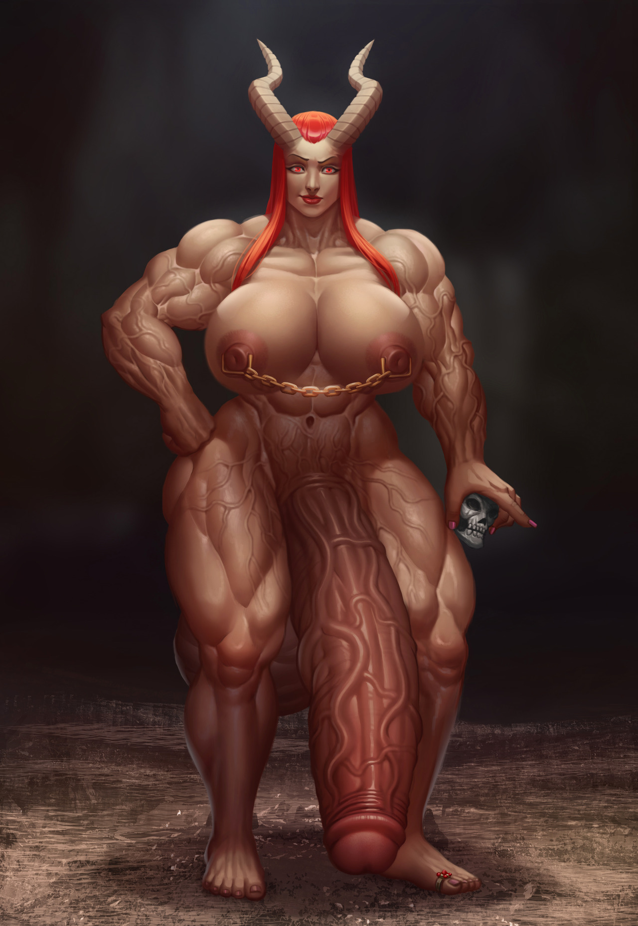 1futa, abs, areolae, barefoot, breasts, bulky, c0rros1on, color, demon, dickgirl, erection, extreme muscles, futa only, futanari, horns, huge breasts, hyper, hyper penis, intersex, leila fucker, looking at viewer, muscles, muscular, muscular futa, nipple piercing, nipples, nude, penis, piercing, red eyes, red hair, solo, thick, veins, veiny penis