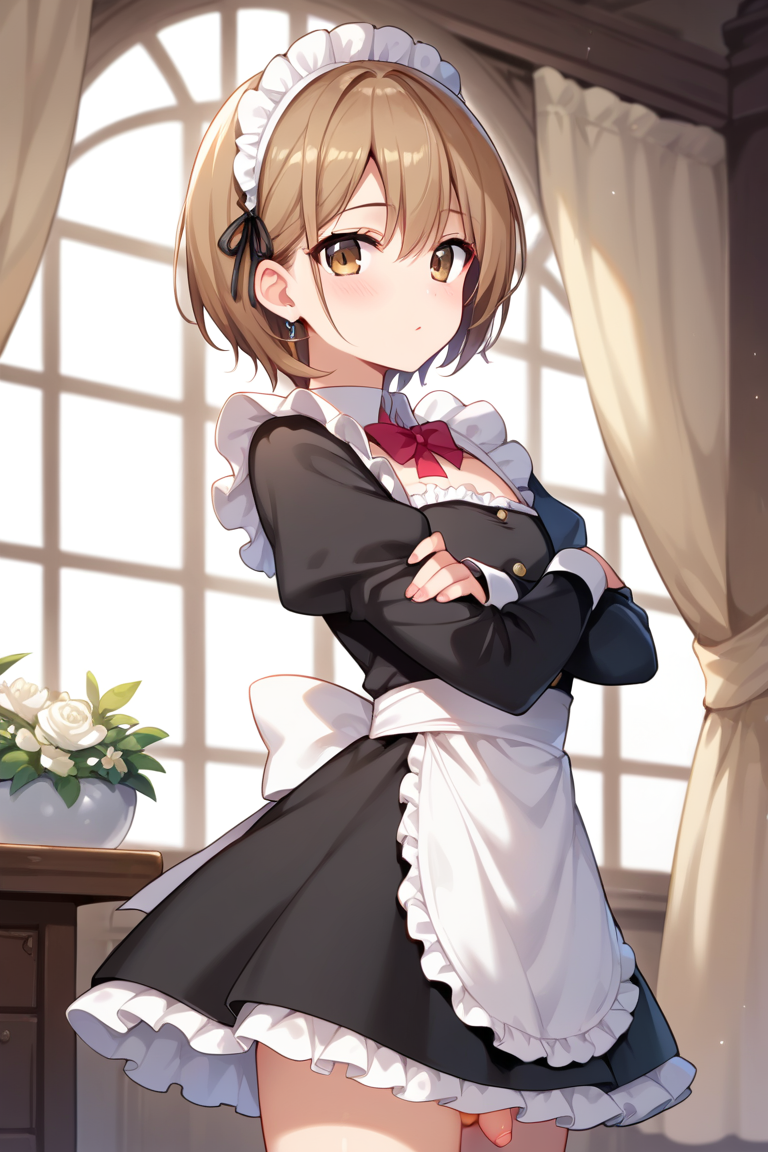 1boy ai_generated arms_crossed brown_eyes brown_hair femboy feminine_male girly looking_at_viewer maid maid_headdress maid_uniform male male_focus male_only penis penis_under_skirt solo solo_male