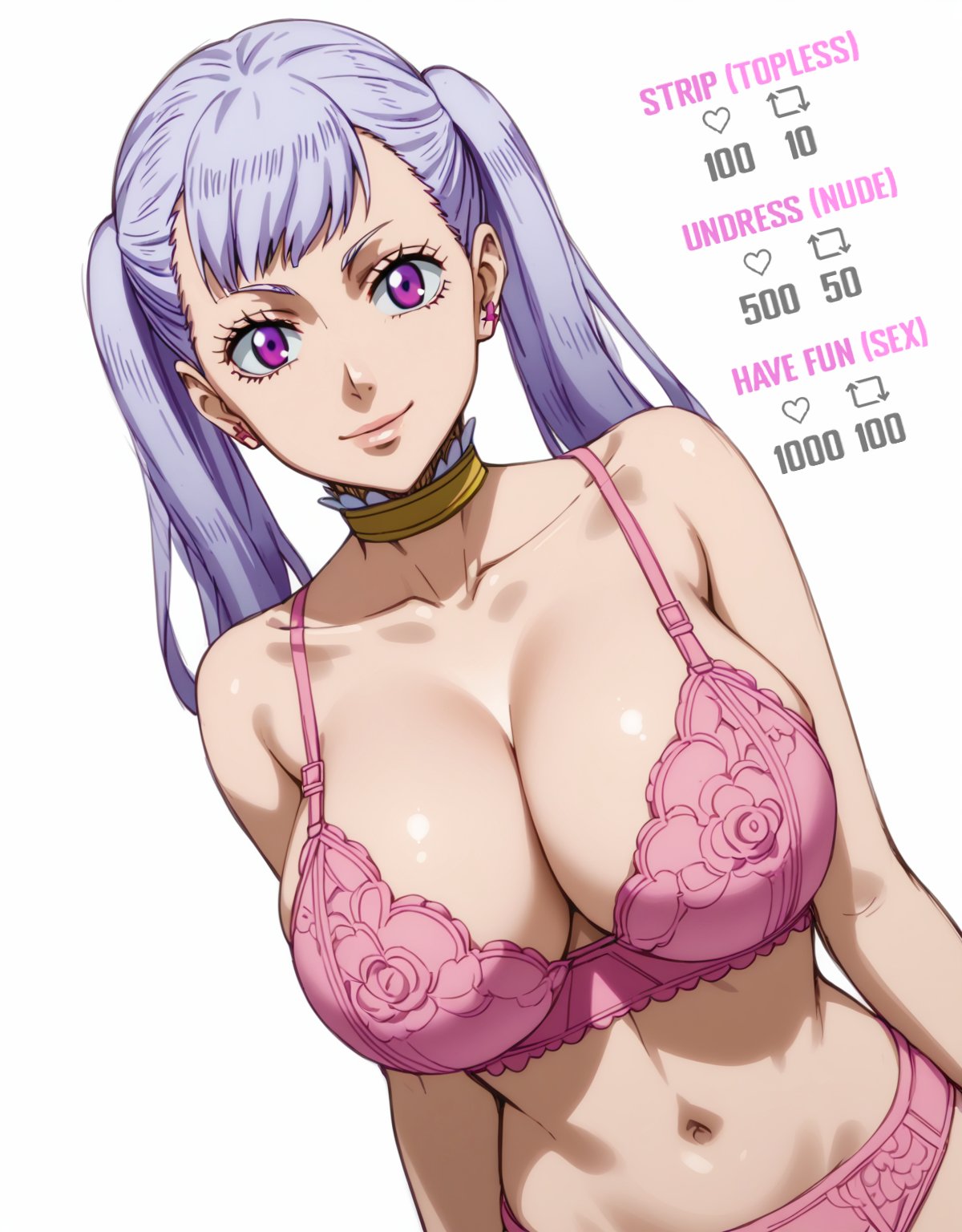 1girls ai_generated big_breasts black_clover bra breasts eternoai female hi_res huge_breasts large_breasts lingerie looking_at_viewer noelle_silva panties purple_eyes silver_hair twintails