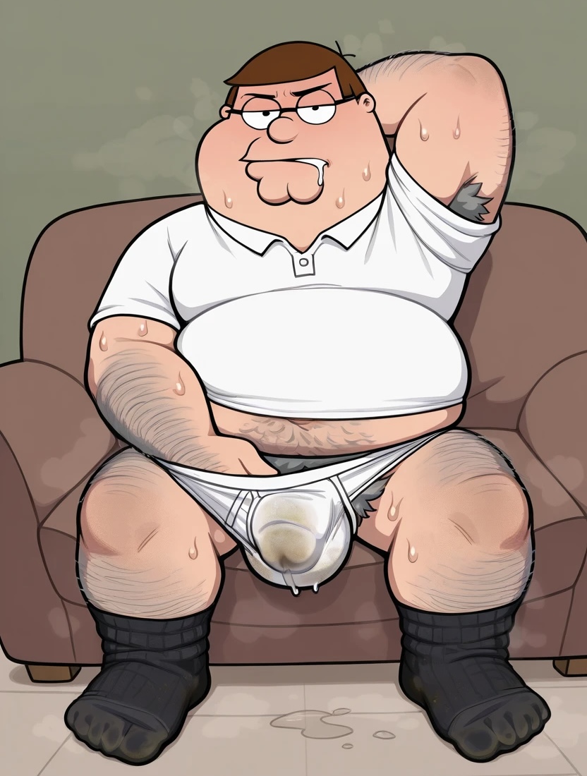 ai_generated chubby dirty_feet dirty_socks drooling family_guy fat hairy male overweight peter_griffin pubes shaft smelly socks solo_male sweaty