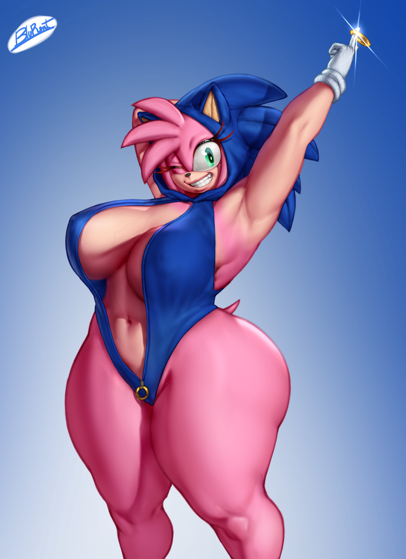 alpha_channel amy_rose anthro better_version_at_source big_breasts blu_rent blue_clothing breasts clothing female front_view gloves green_eyes handwear looking_at_viewer one_eye_closed sega smile solo sonic_(series) sonic_the_hedgehog_(series) teeth thick_thighs white_clothing white_gloves white_handwear wink