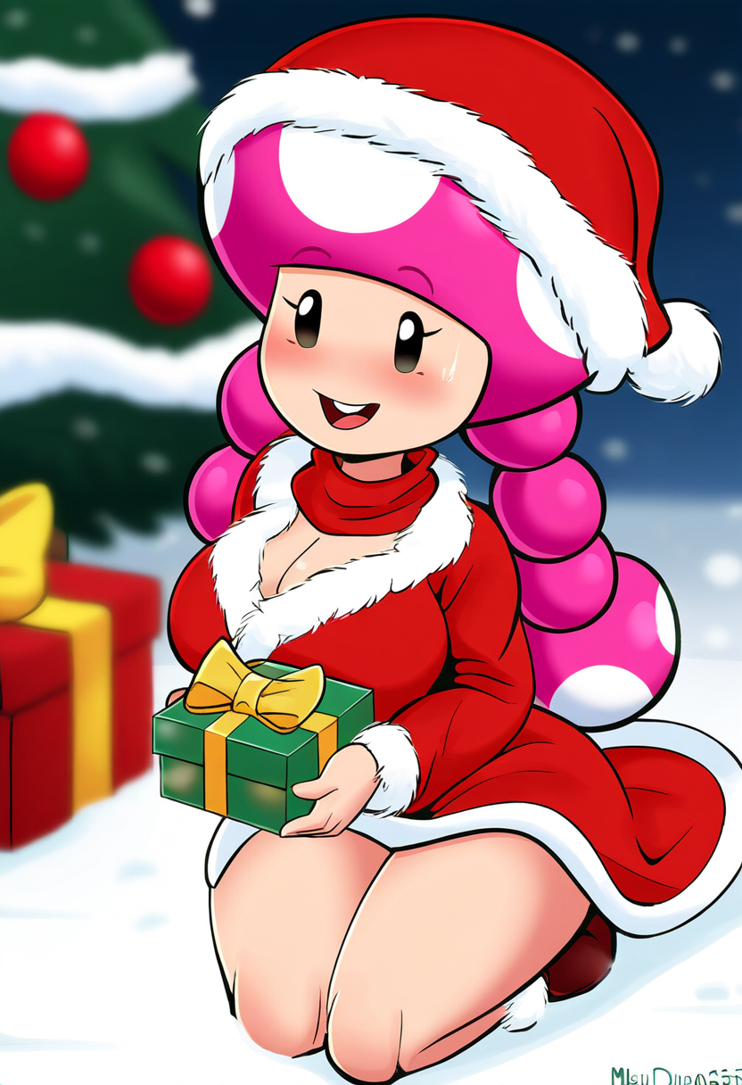 ai_generated big_breasts big_thighs breasts christmas christmas_outfit cleavage mario_(series) nintendo novelai scarf toadette v-neck