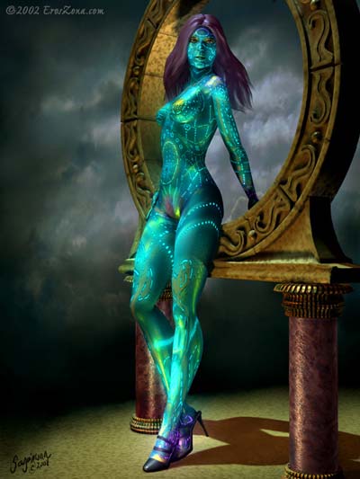 1girls 2000s 2000s_(style) 2000s_and_2010s_style 2002 alien artist_signature breasts breasts_apart copyright_symbol eroszona facing_viewer female full_body giantess glowing_skin green_body green_skin high_heels landing_strip long_hair looking_at_viewer medium_breasts naked_footwear naked_heels nude overcast parted_bangs purple_hair purple_pubic_hair sagemonn solo standing stargate_(device) stiletto_heels web_address