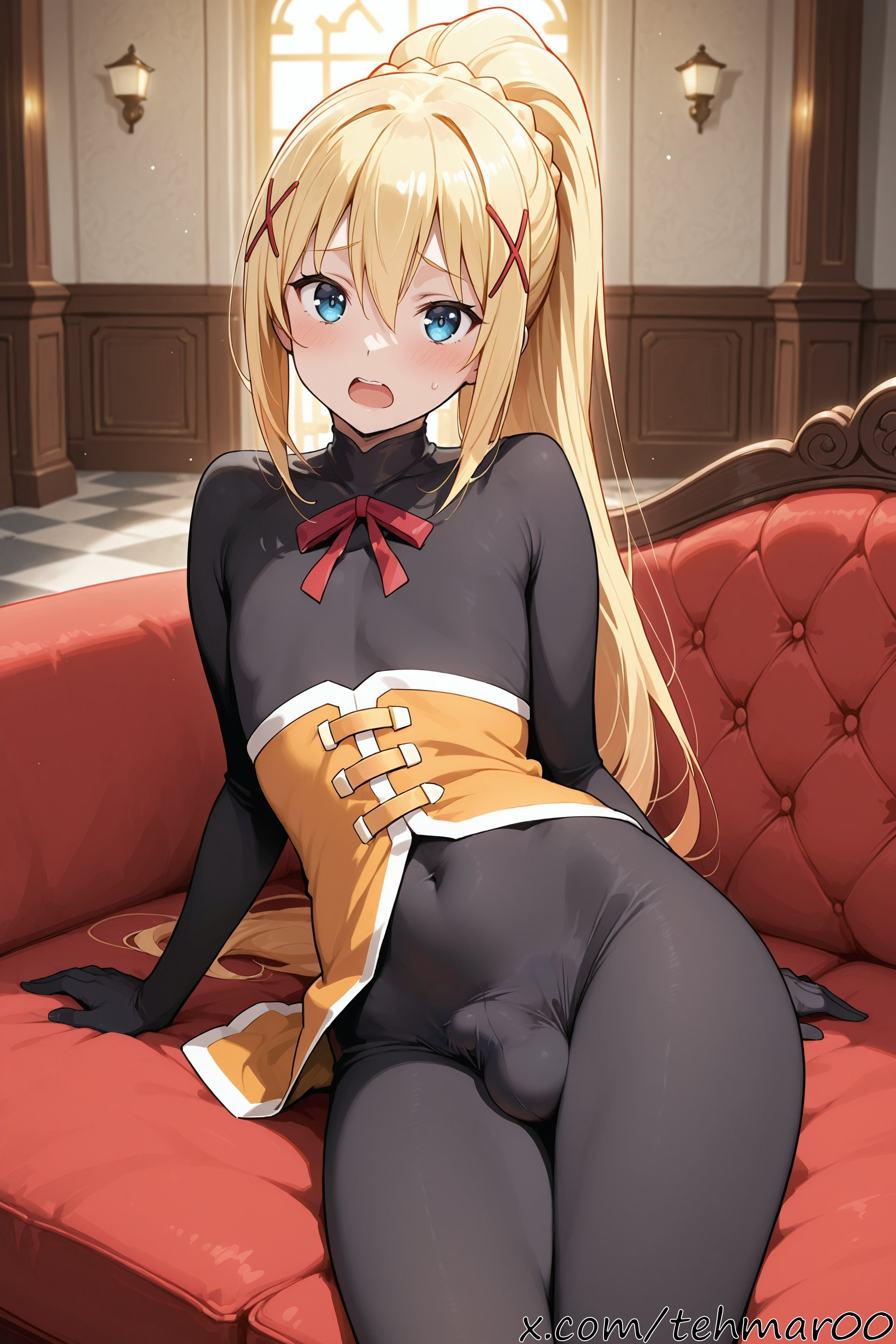 1boy, ai generated, arm support, bangs, black bodysuit, blonde hair, blue eyes, blush, bodysuit, braid, bulge, couch, covered navel, darkness (konosuba), femboy, flat chest, genderswap (ftm), hair between eyes, hair ornament, indoors, kono subarashii sekai ni shukufuku wo!, light-skinned male, long hair, looking at viewer, male, male only, open mouth, penis, ponytail, red ribbon, ribbon, rule 63, sitting, solo, tagme, tehmar, trans woman, transfem, trap, x hair ornament