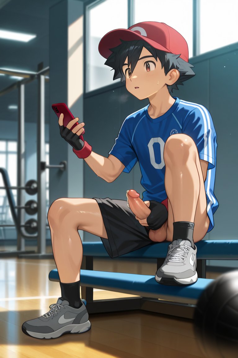 1boy, ai generated, ash ketchum, exhibitionism, gay, gym, gym clothes, gym shirt, gym shorts, gym uniform, male, male focus, male only, masturbation, pokemon, satoshi (pokemon), solo, solo focus, solo male, yaoi