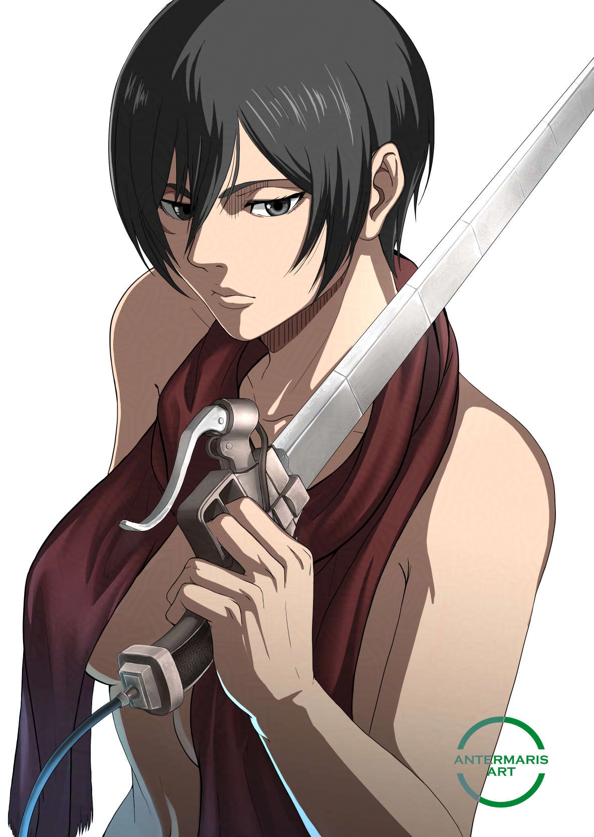 1girls, 2d, antermaris, asian, asian female, athletic, athletic female, attack on titan, digital media, female, female only, female soldier, implied nudity, mikasa ackerman, nude, nude female, scar, scar on cheek, scar on face, scar under eye, scarf, scarf only, short hair, short-haired female, soldier, solo, solo female, sword, tagme, upper body, very short hair, wasian girl
