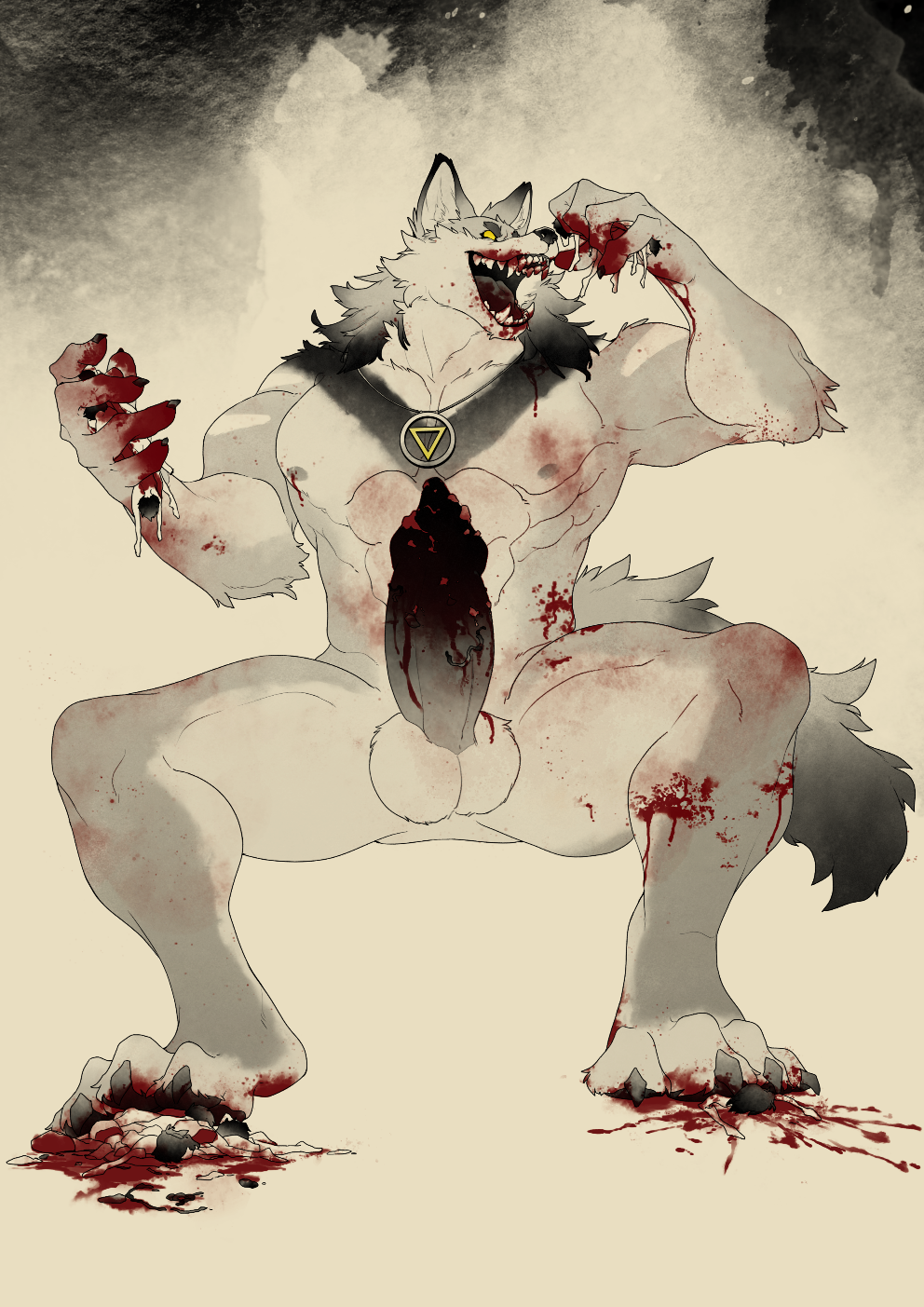 anthro balls blood bodily_fluids canid canine canis corpse crush death eating erection fangs foot_crush genitals gore group hi_res kaemn macro male male/male mammal miaoshazi micro_human nipples nude open_mouth paws penis simple_background solo tail teeth wolf