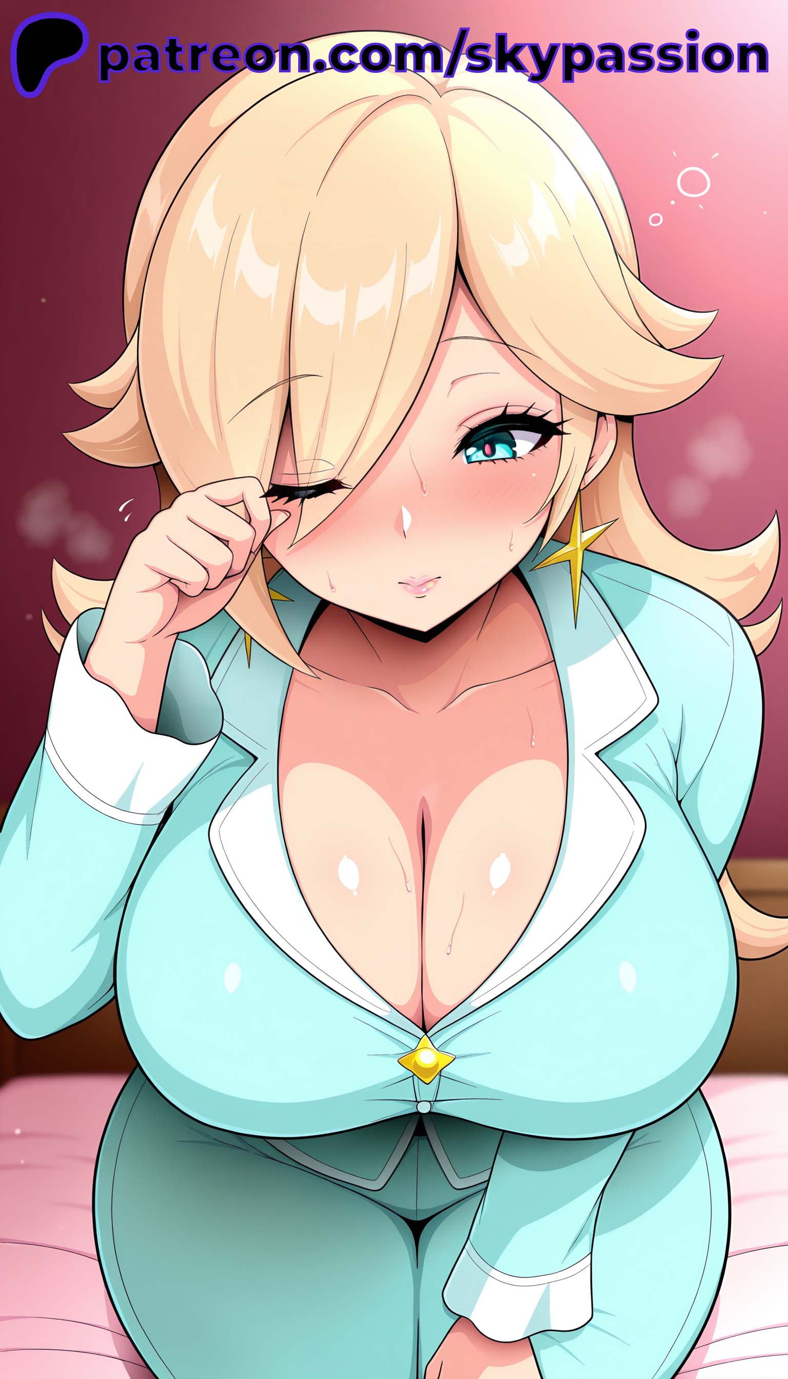 1female 1girls 1woman 2025 2d ai ai_assisted ai_generated anime anime_girl anime_style aqua_eyes arstist_name bed blonde_hair blue_eyes blue_pajamas blush breast breast_focus breasts breasts_focus cleavage clothed clothed_female collarbone dressed dressed_female earrings female female female_focus female_only hair_ hand_up heart heart-shaped_pupils hi_res high_quality high_resolution highres huge_breasts jewelry large_breasts long_hair long_sleeves looking_at_viewer mario_(series) mario_and_luigi_(series) mario_series nintendo nose_blush one_eye_closed over_one_eye pajamas patreon patreon_username princess_rosalina romantic rosalina seductive seductive_pose shirt_sitting skypassion solo stable_diffision star_(symbol) star_earrings super_mario_bros. super_mario_galaxy sweat symbol-shaped_pupils watermark woman_focus woman_only